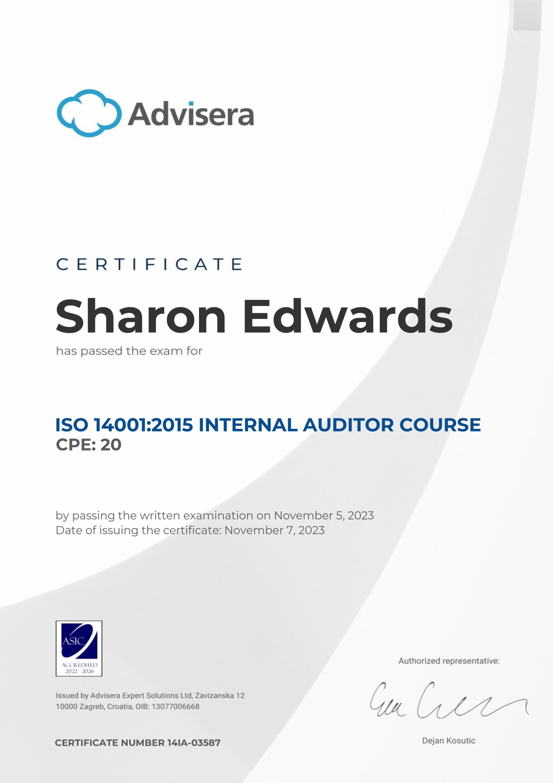 14IA-03587 Certificate ISO 14001 Internal Auditor Sharon Edwards