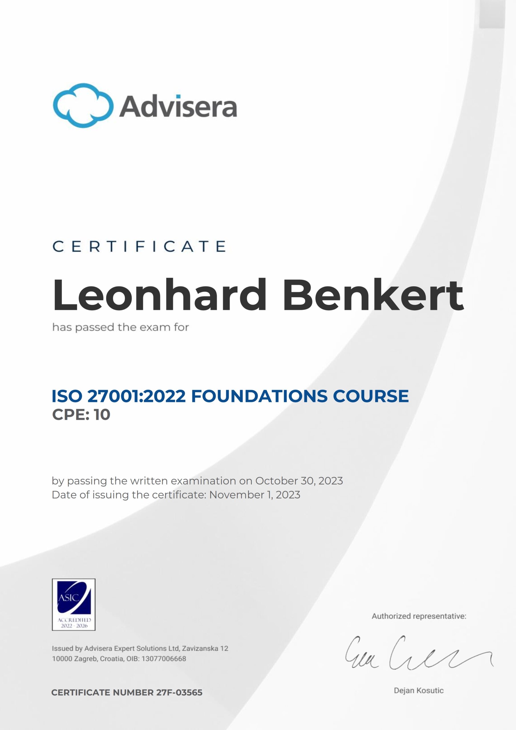 27F-03565 Certificate ISO 27001 Foundations Leonhard Benkert