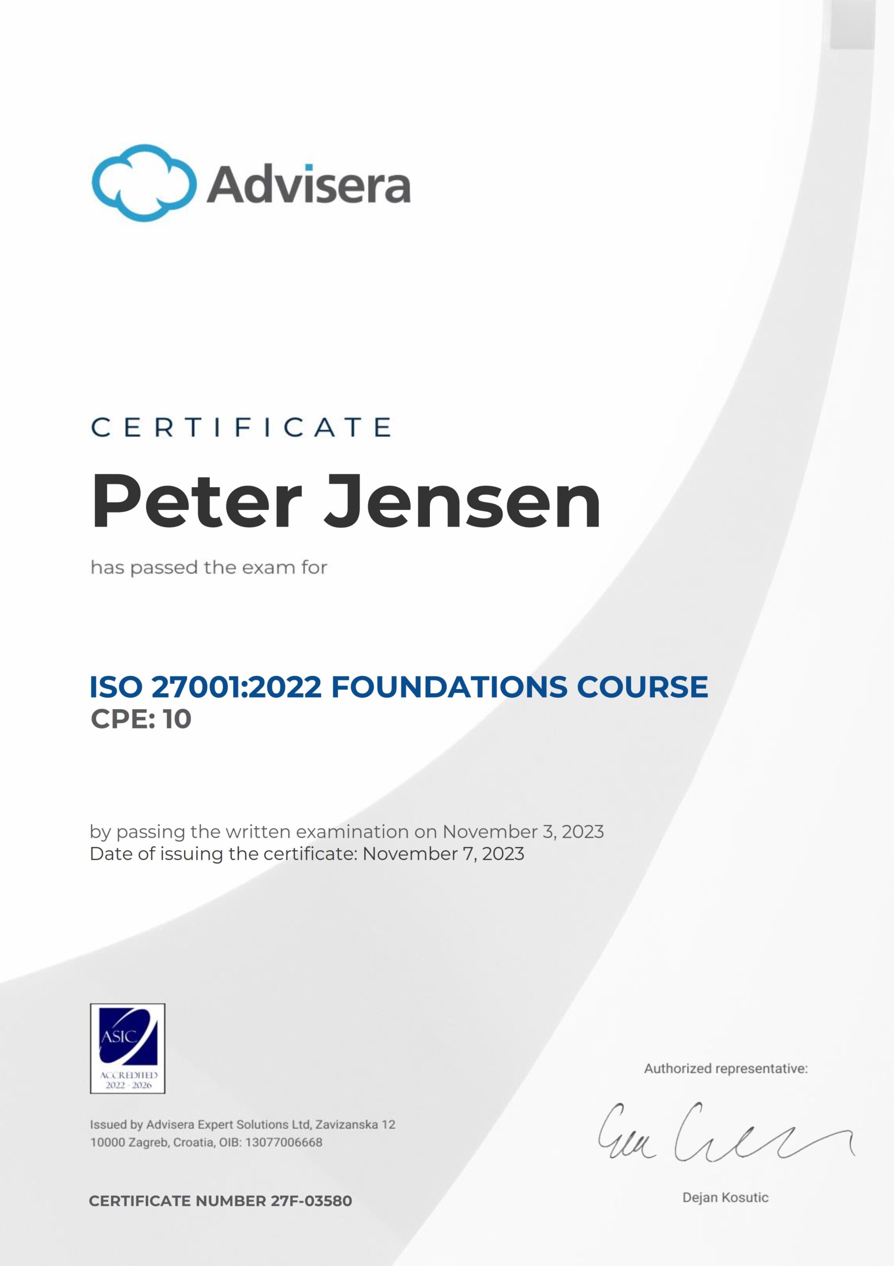 27F-03580 Certificate ISO 27001 Foundations Peter Jensen