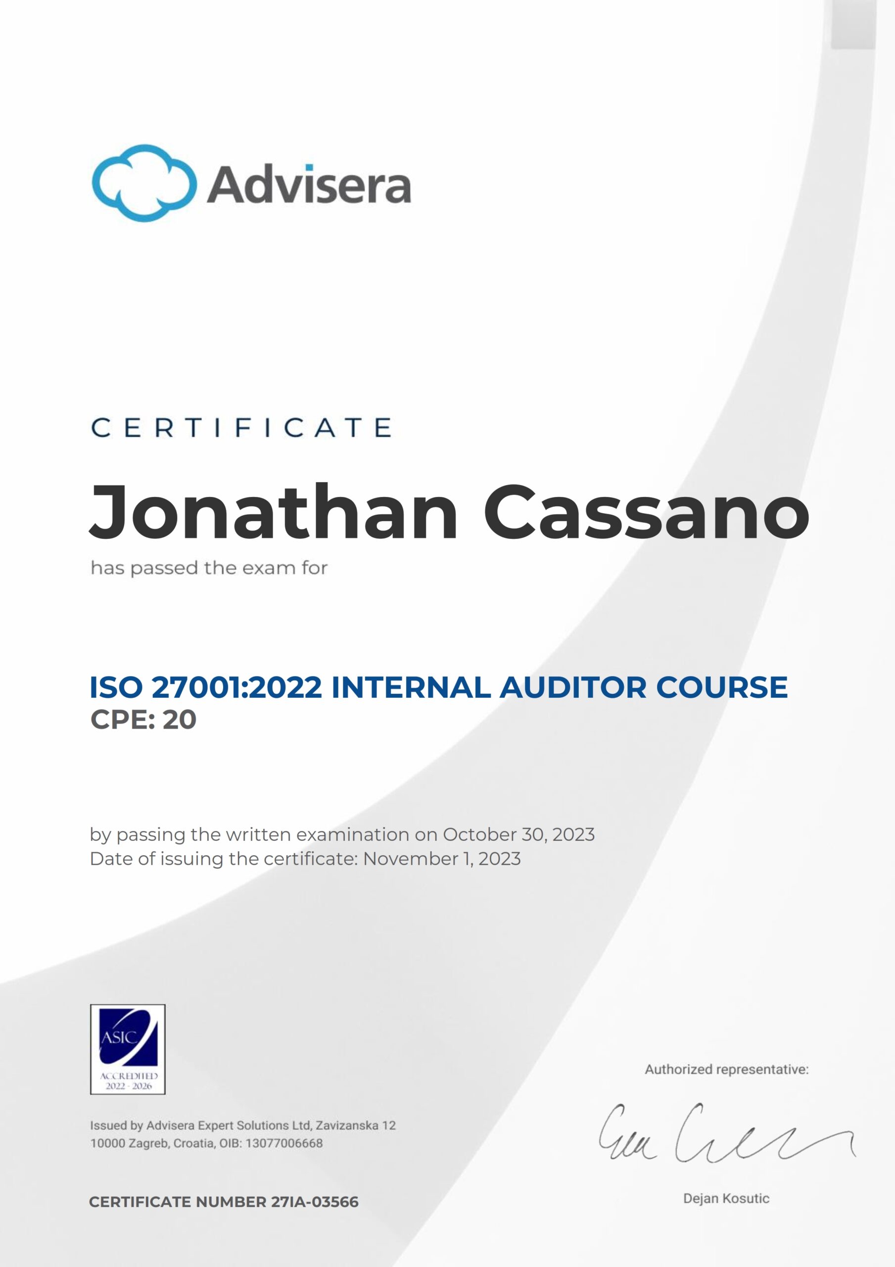27IA-03566 Certificate ISO 27001 Internal Auditor Jonathan Cassano