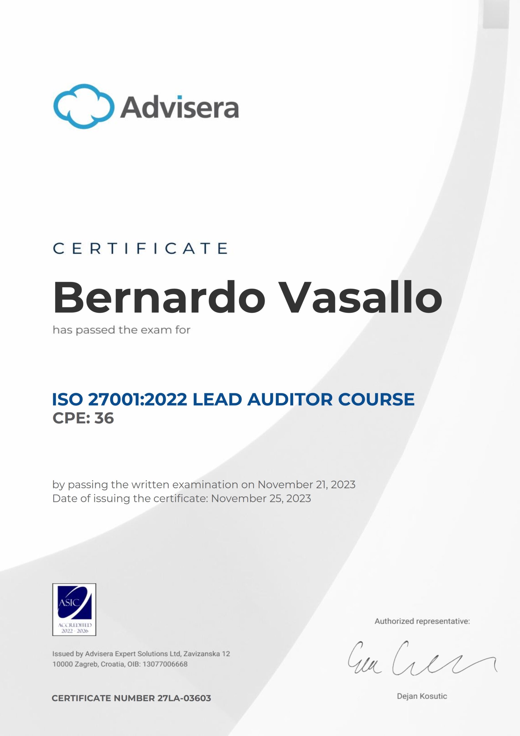 27LA-03603 Certificate ISO 27001 Lead Auditor Bernardo Vasallo