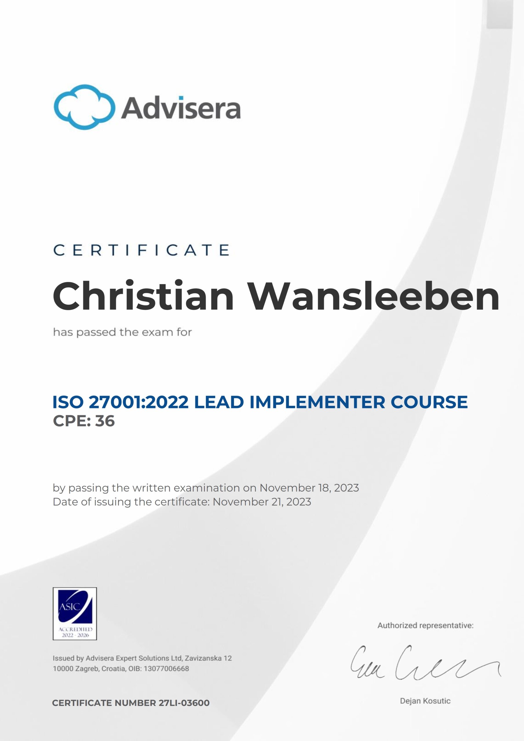 27LI-03600 Certificate ISO 27001 Lead Implementer Christian Wansleeben