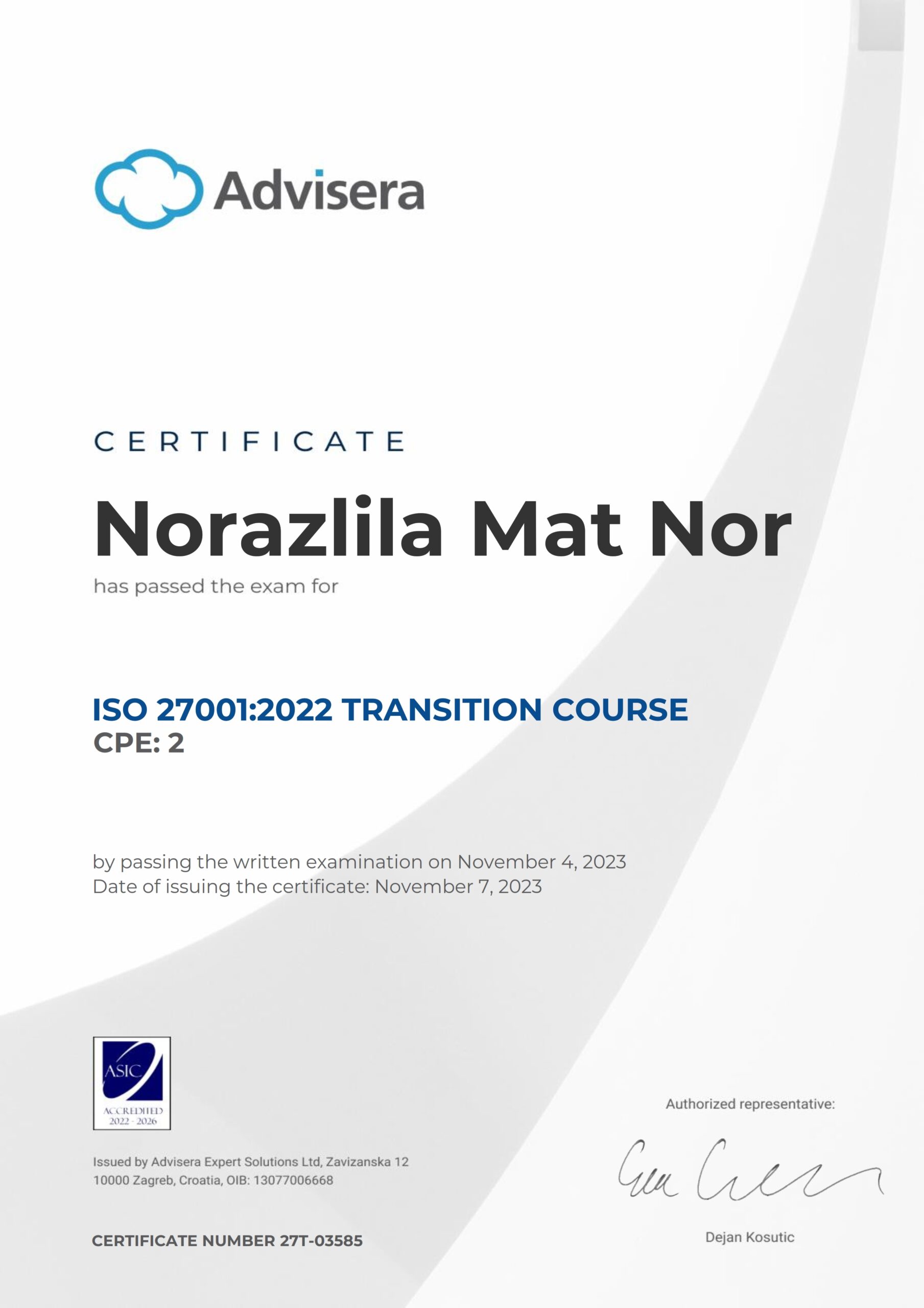 27T-03585 Certificate ISO 27001 Transition Norazlila Mat Nor