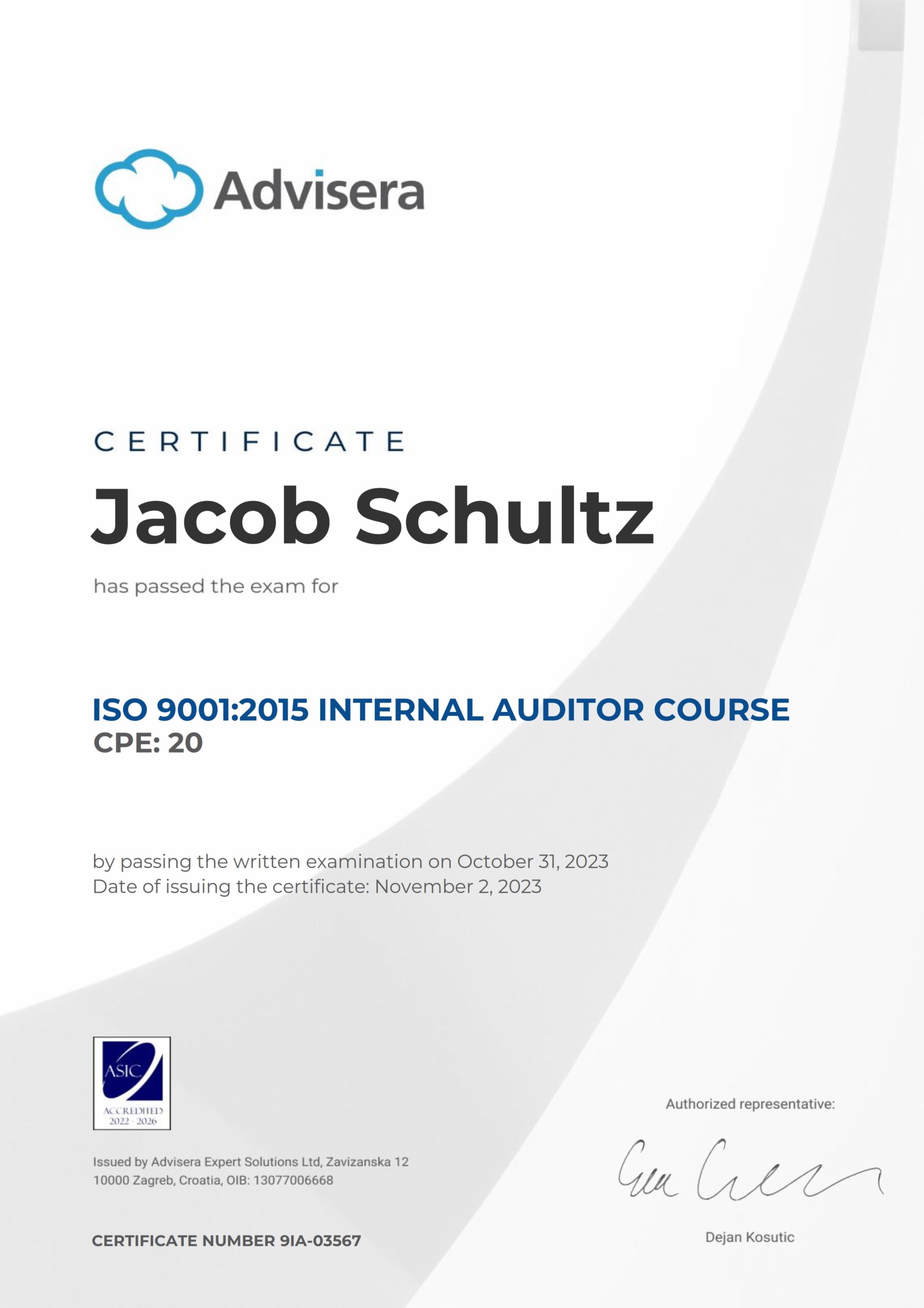 9IA-03567 Certificate ISO 9001 Internal Auditor Jacob Schultz