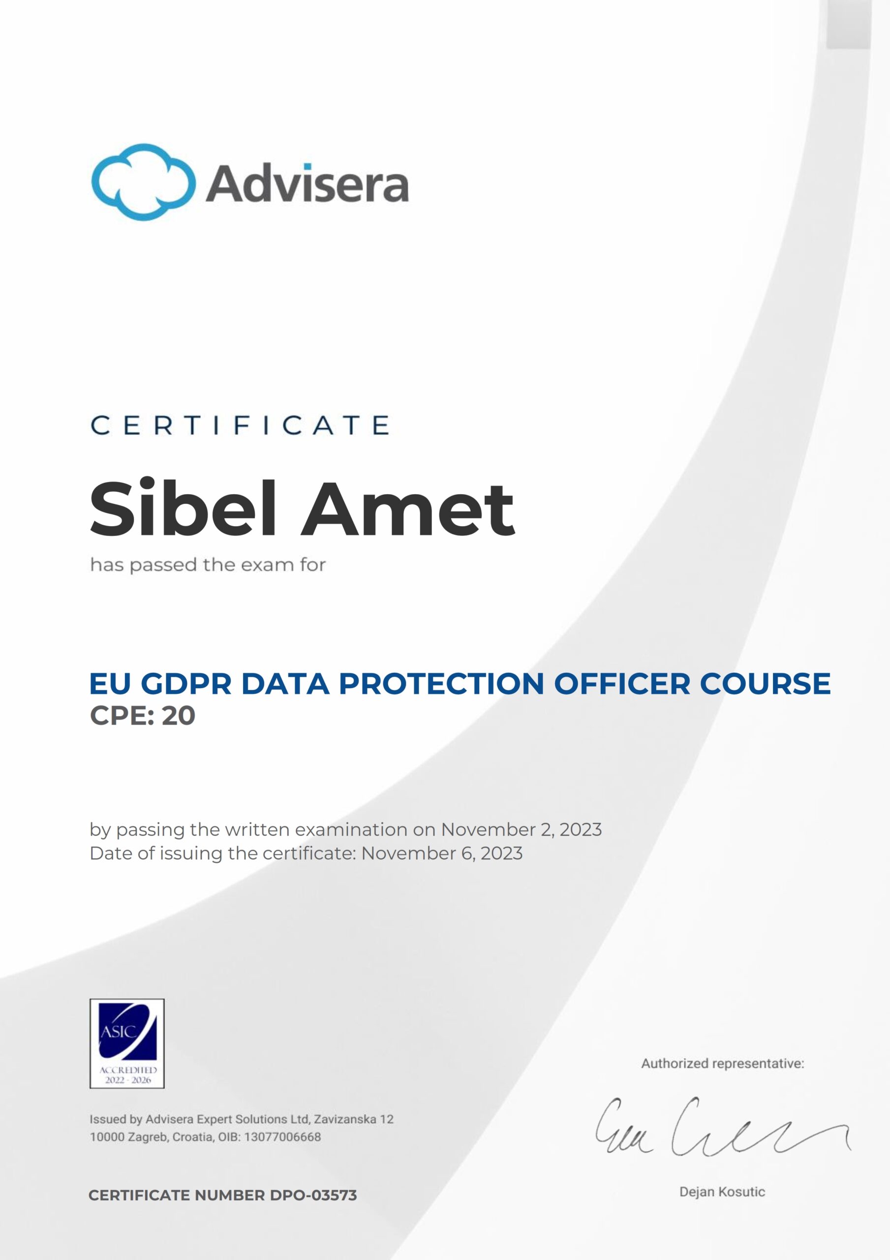 DPO-03573 Certificate EU GDPR DPO course Sibel Amet