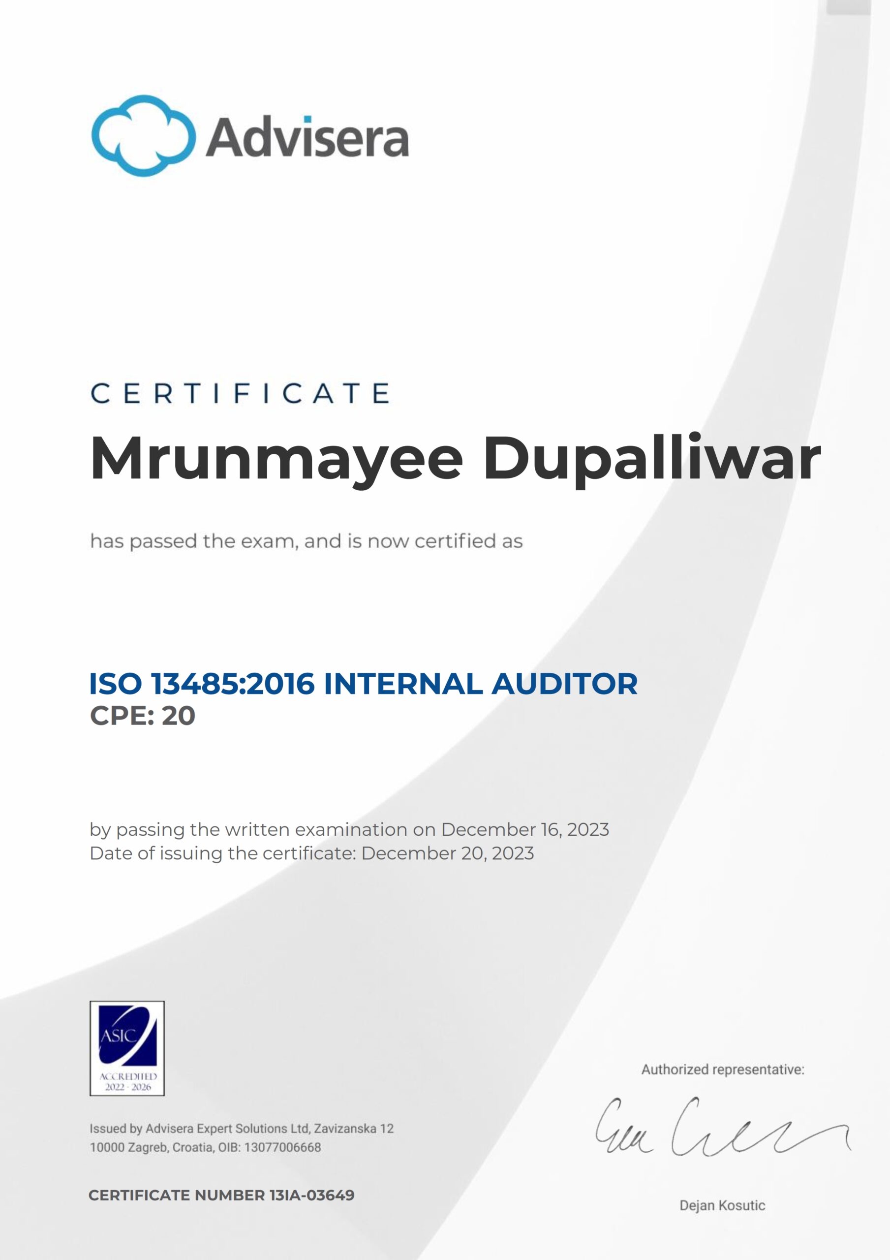 13IA-03649 Certificate ISO 13485 Internal Auditor Mrunmayee Dupalliwar