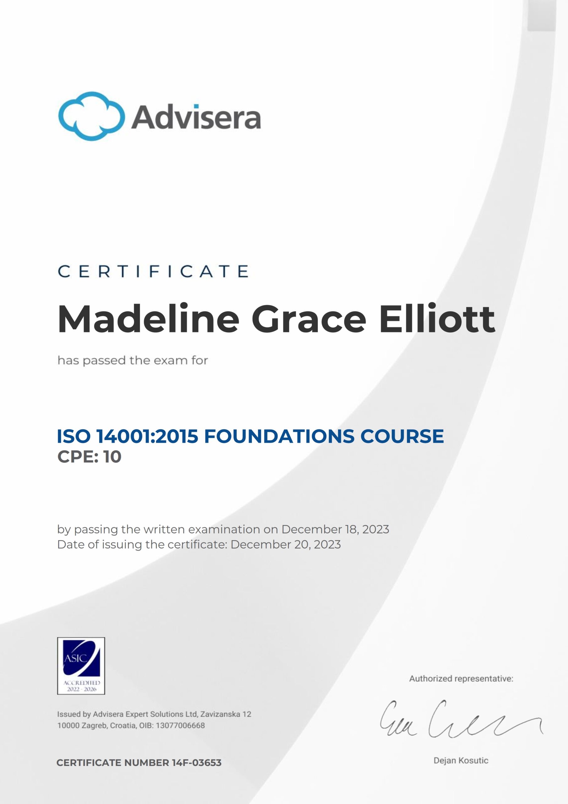 14F-03653 Certificate ISO 14001 Foundations Madeline Grace Elliott