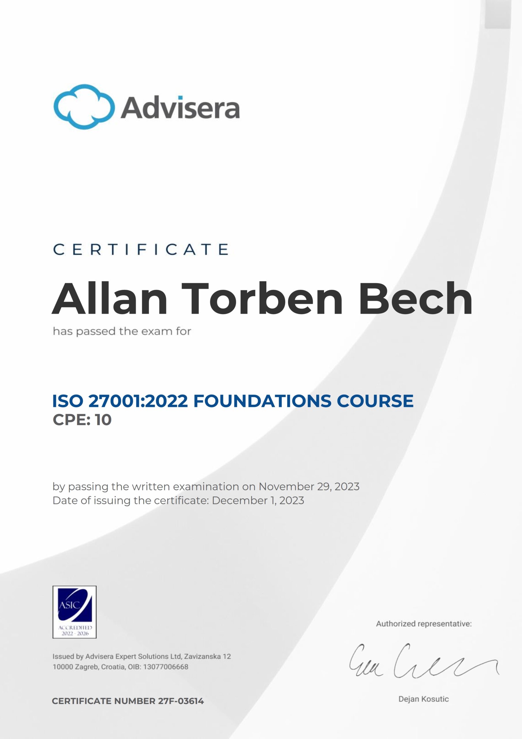 27F-03614 Certificate ISO 27001 Foundations Allan Torben Bech