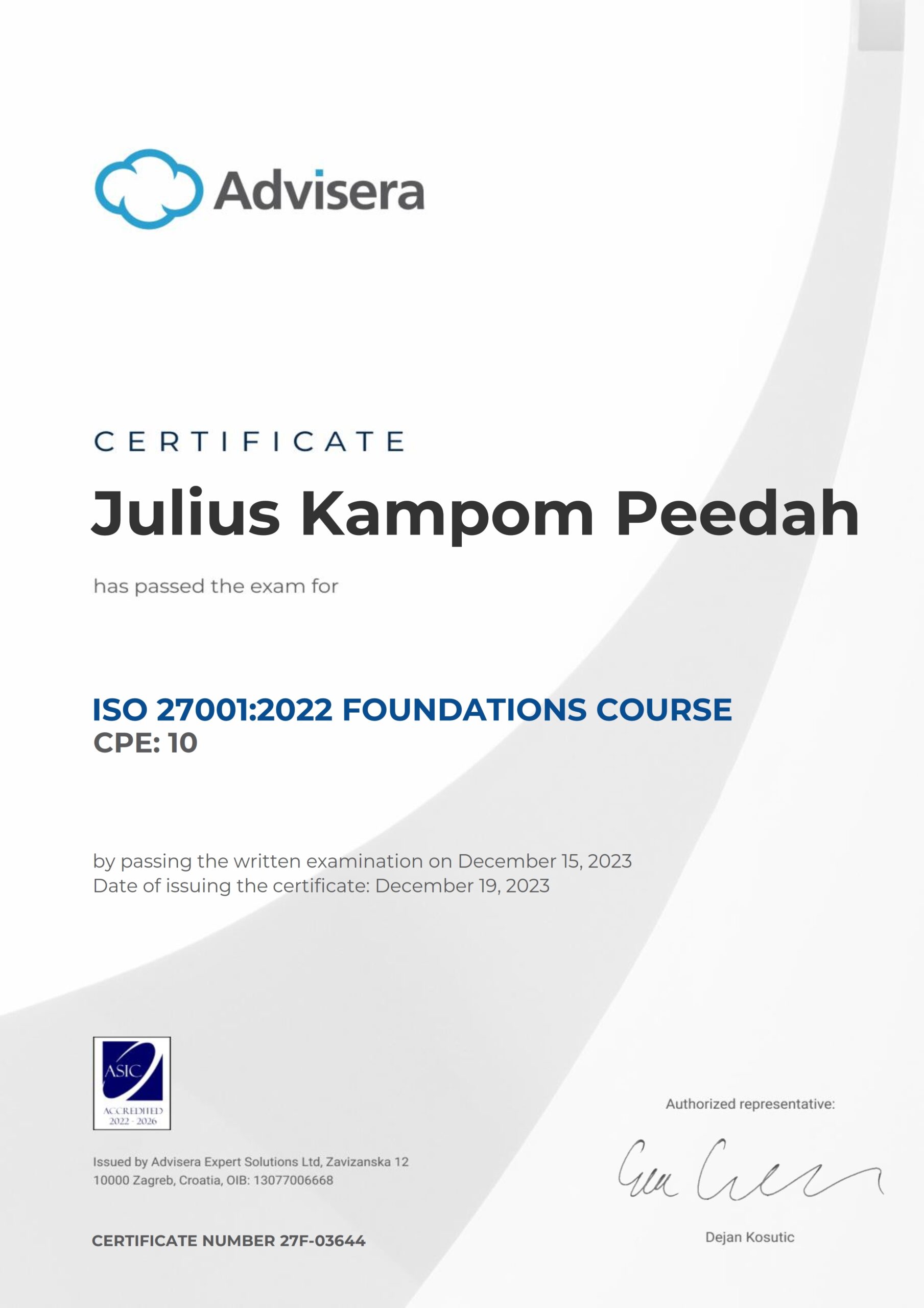 27F-03644 Certificate ISO 27001 Foundations Julius Kampom Peedah
