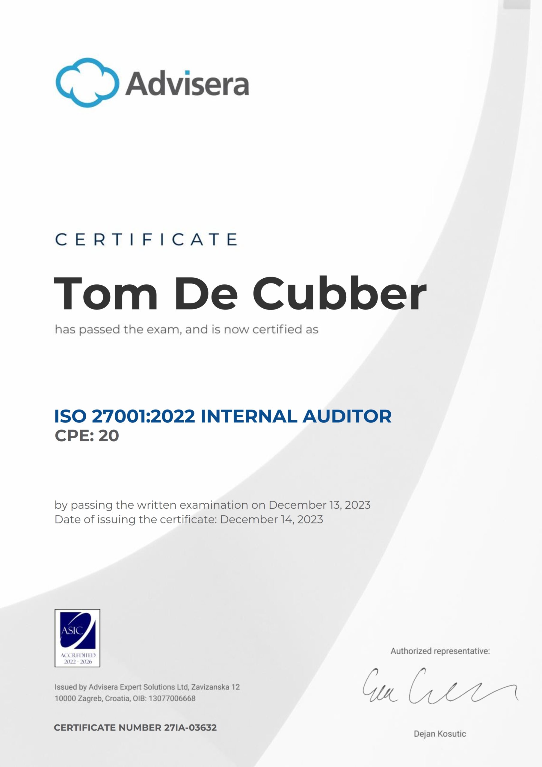 27IA-03632 Certificate ISO 27001 Internal Auditor Tom De Cubber