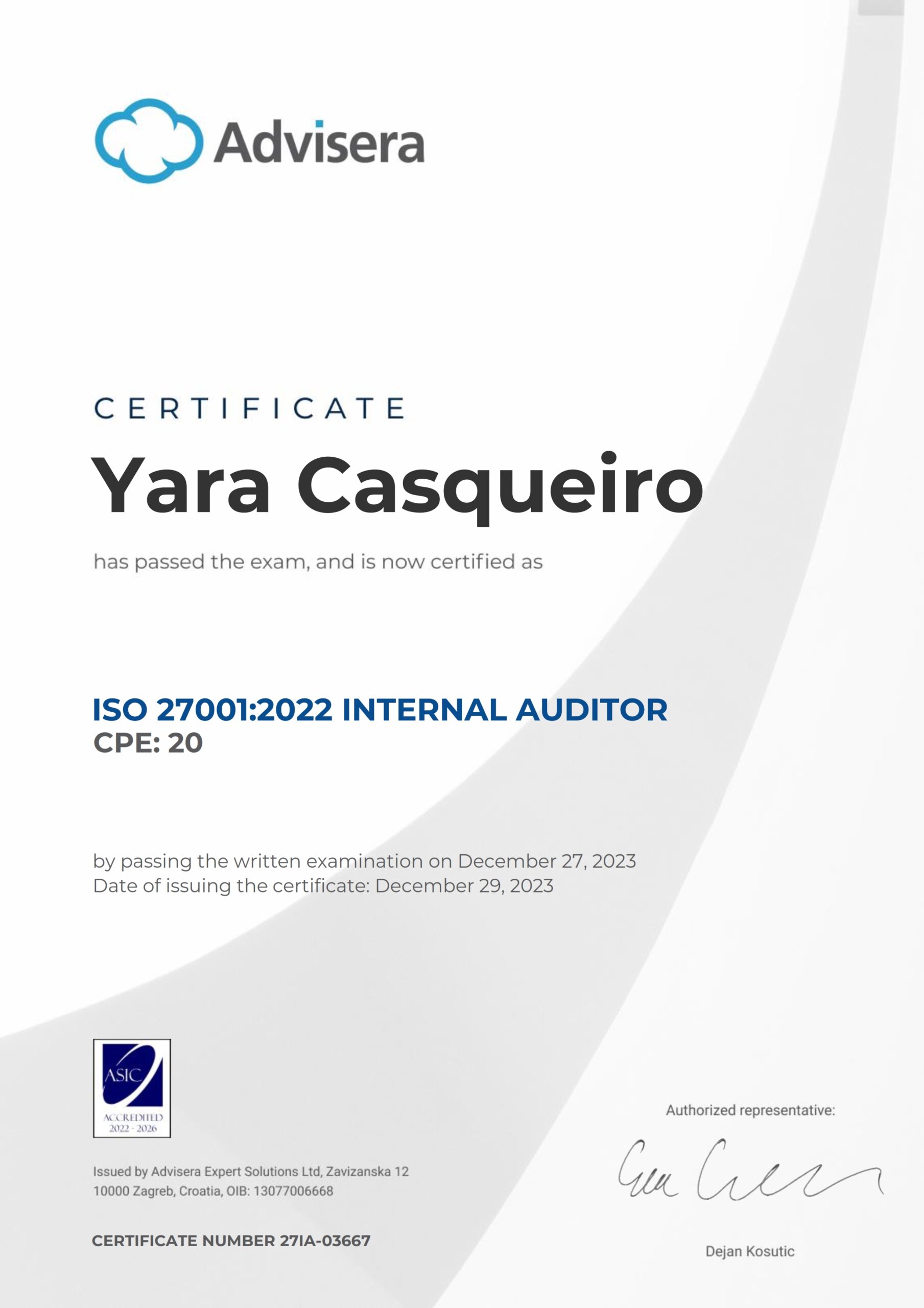 27IA-03667 Certificate ISO 27001 Internal Auditor Yara Casqueiro