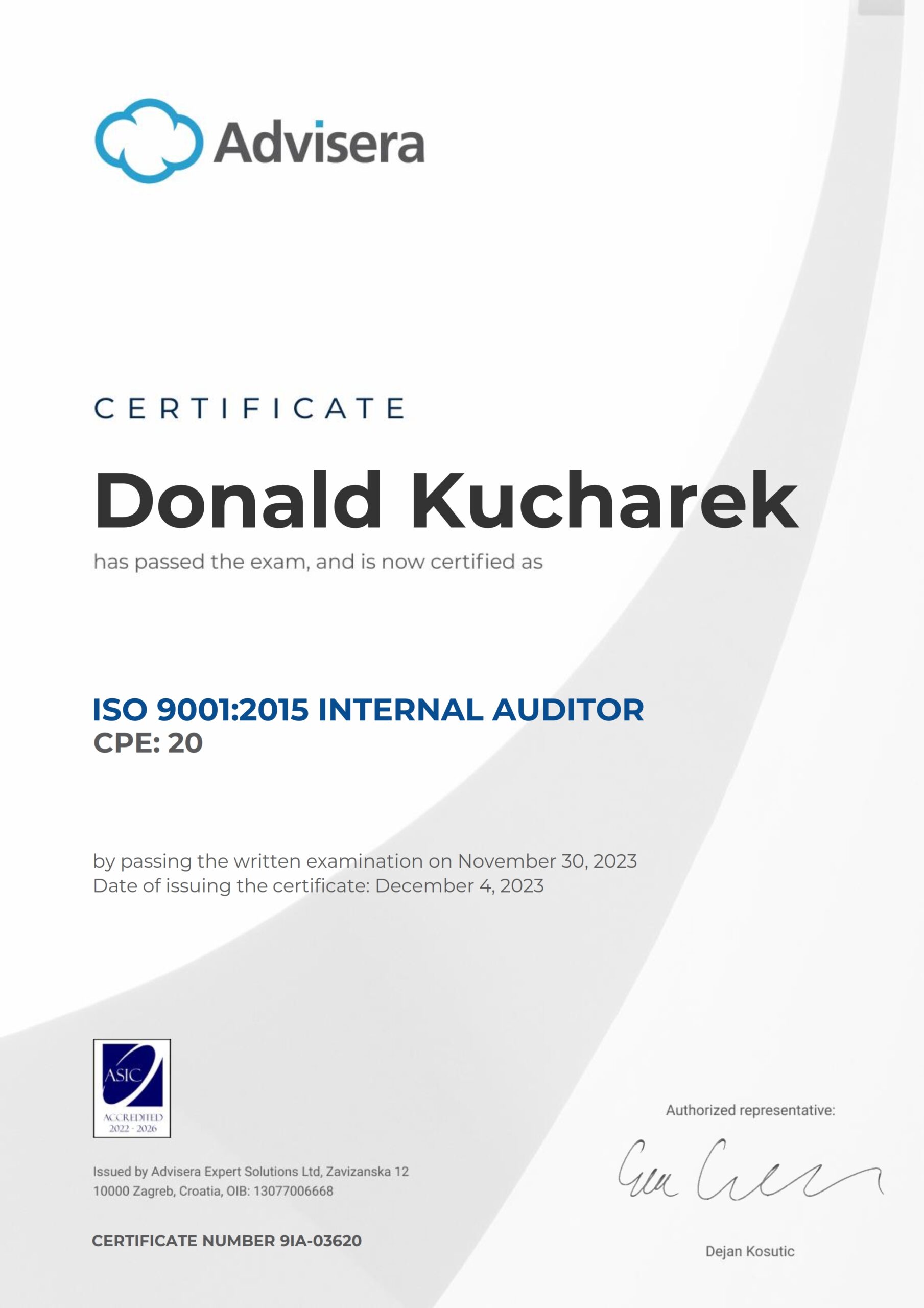 9IA-03620 Certificate ISO 9001 Internal Auditor Donald Kucharek