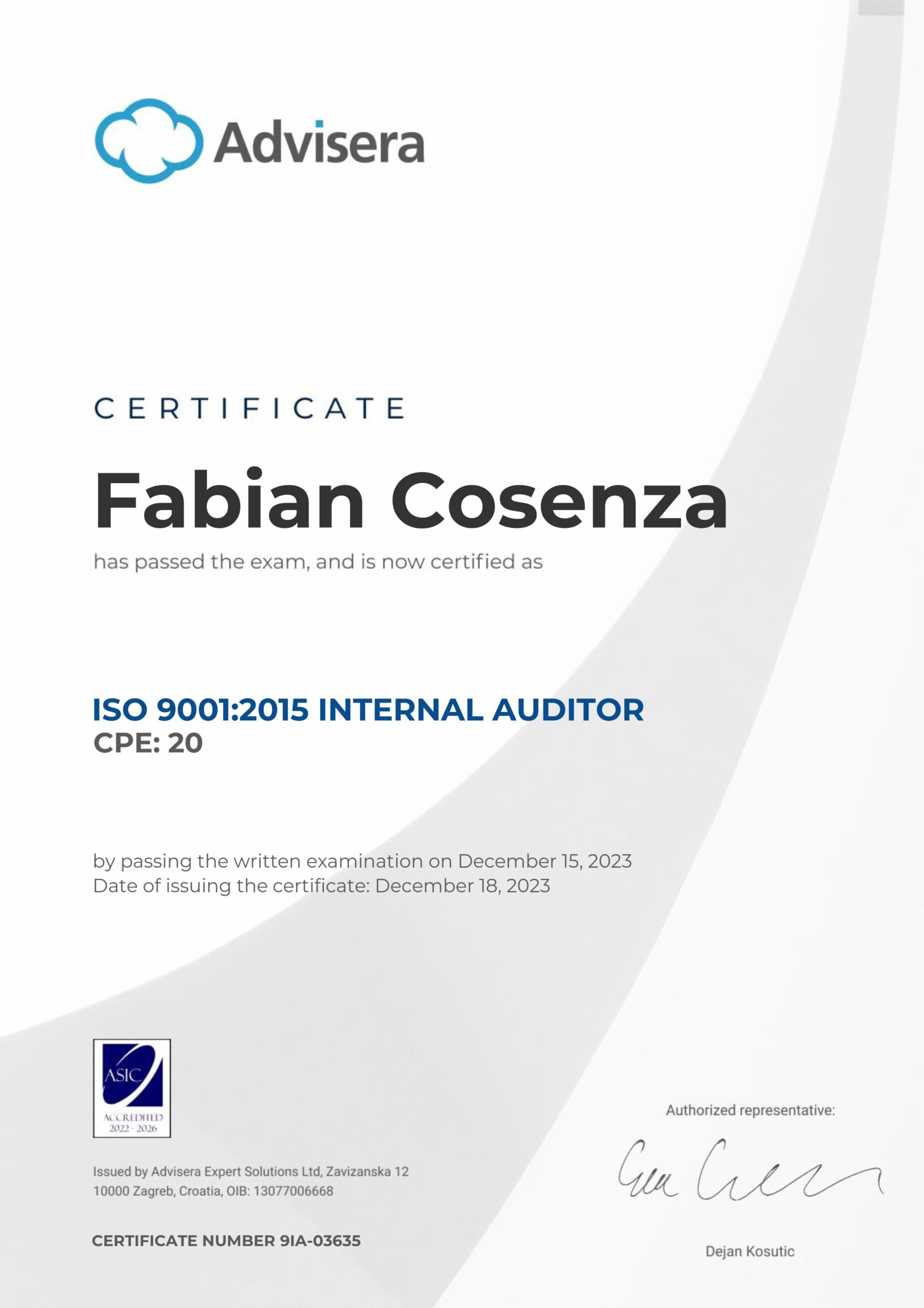 9IA-03635 Certificate ISO 9001 Internal Auditor Fabian Cosenza