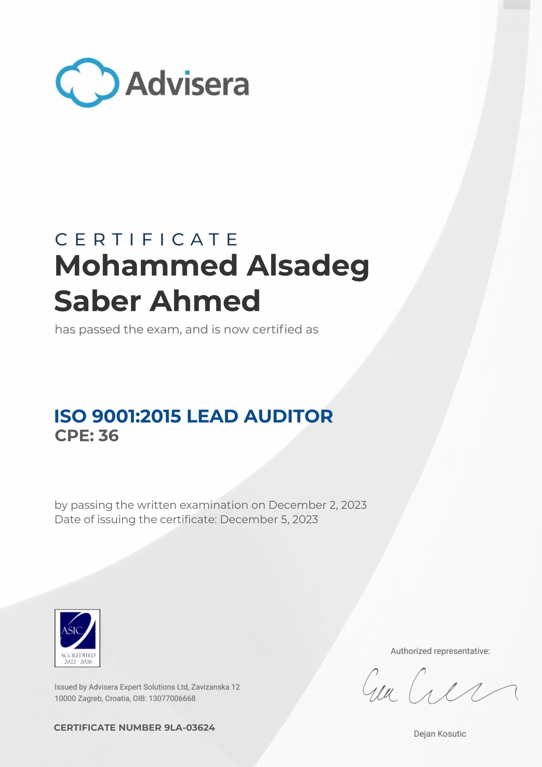 9LA-03624 Certificate ISO 9001 Lead Auditor Mohammed Alsadeg Saber Ahmed