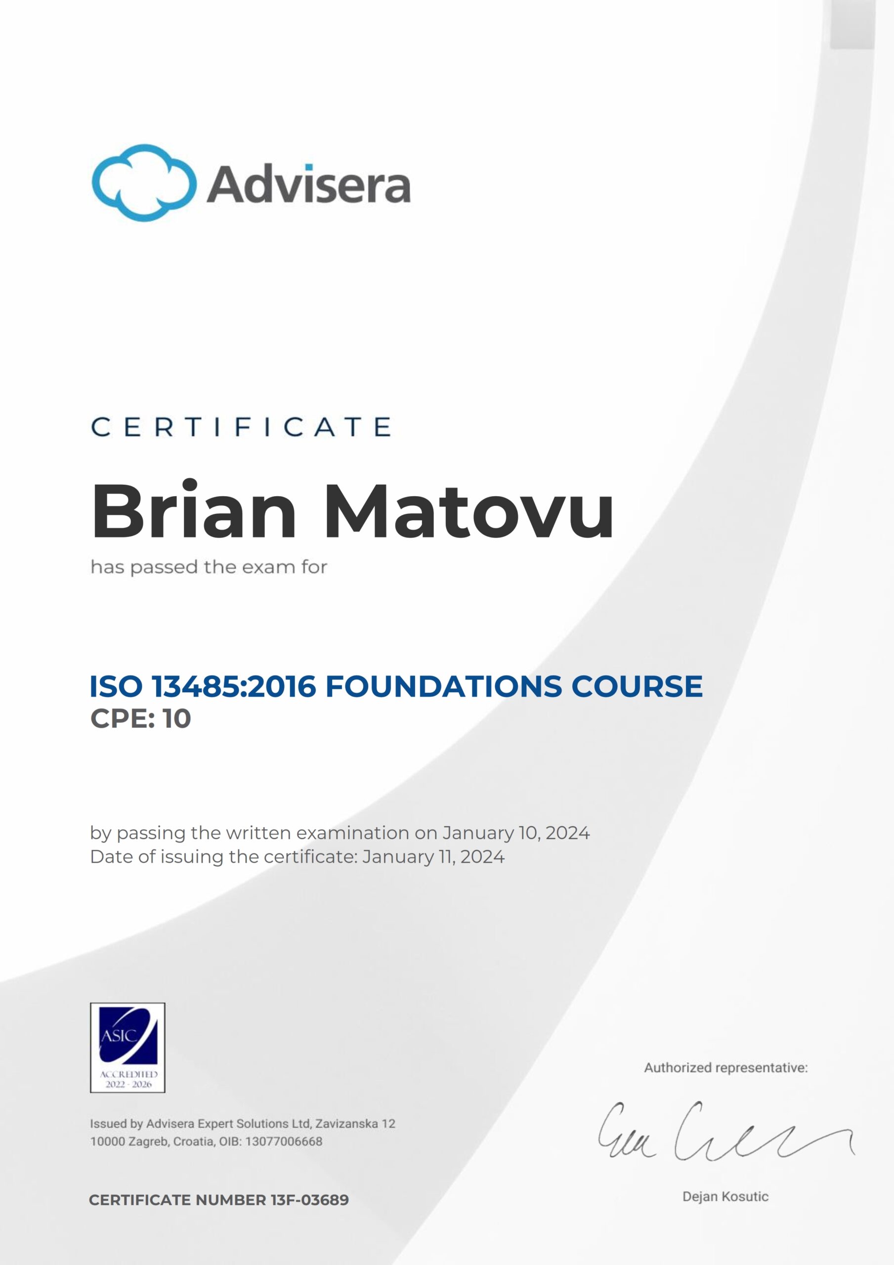 13F-03689 Certificate ISO 13485 Foundations Brian Matovu