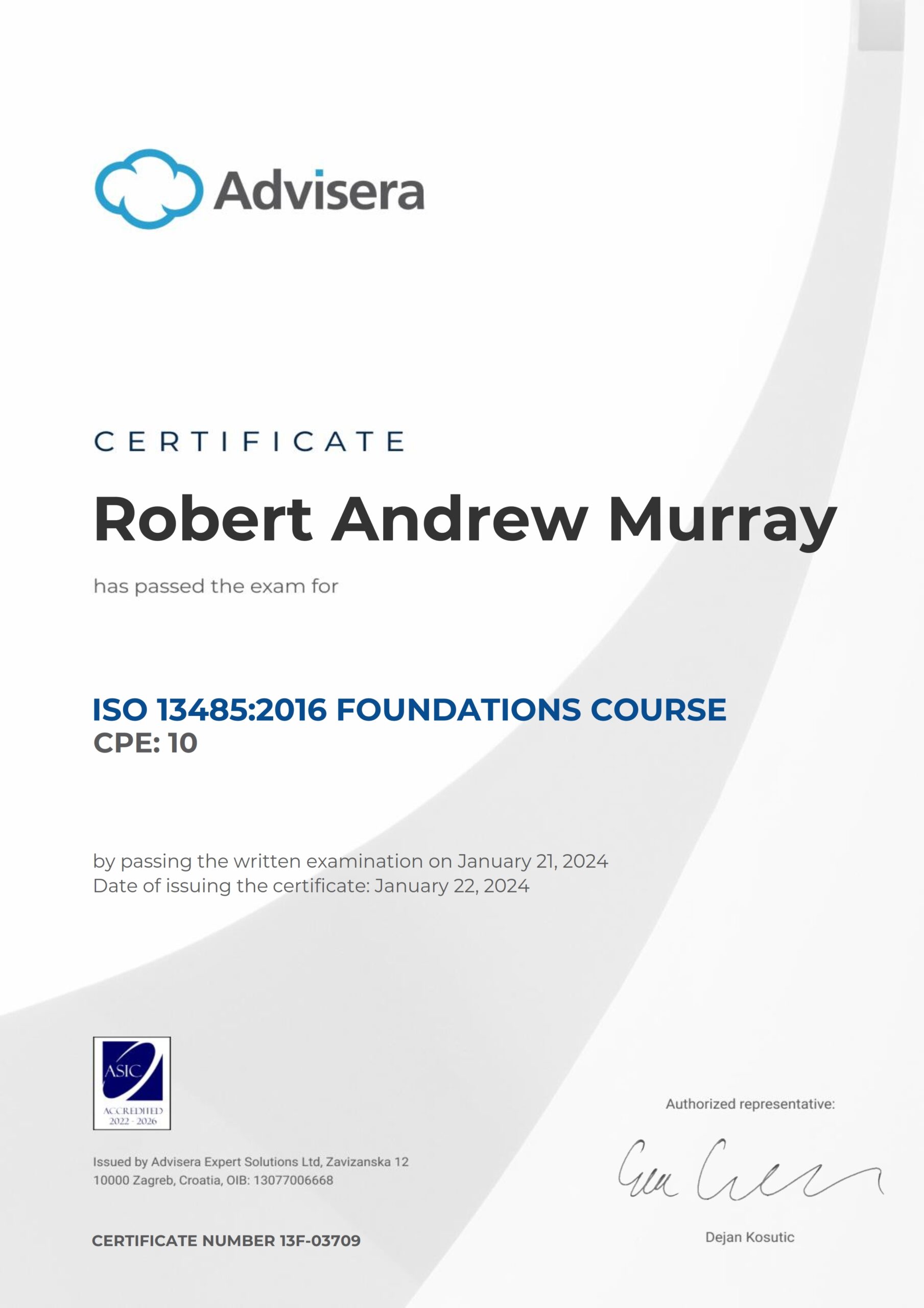 13F-03709 Certificate ISO 13485 Foundations Robert Andrew Murray