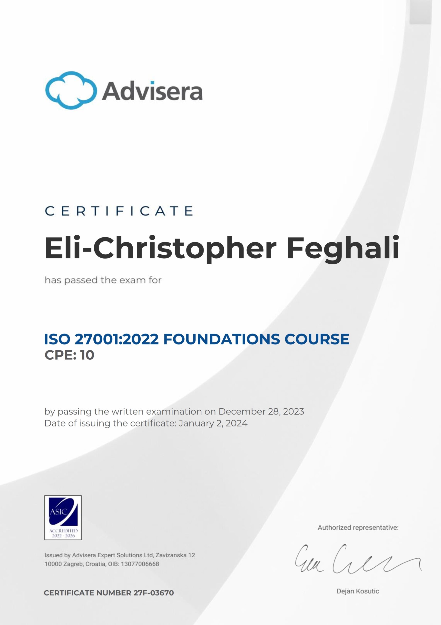 27F-03670 Certificate ISO 27001 Foundations Eli-Christopher Feghali