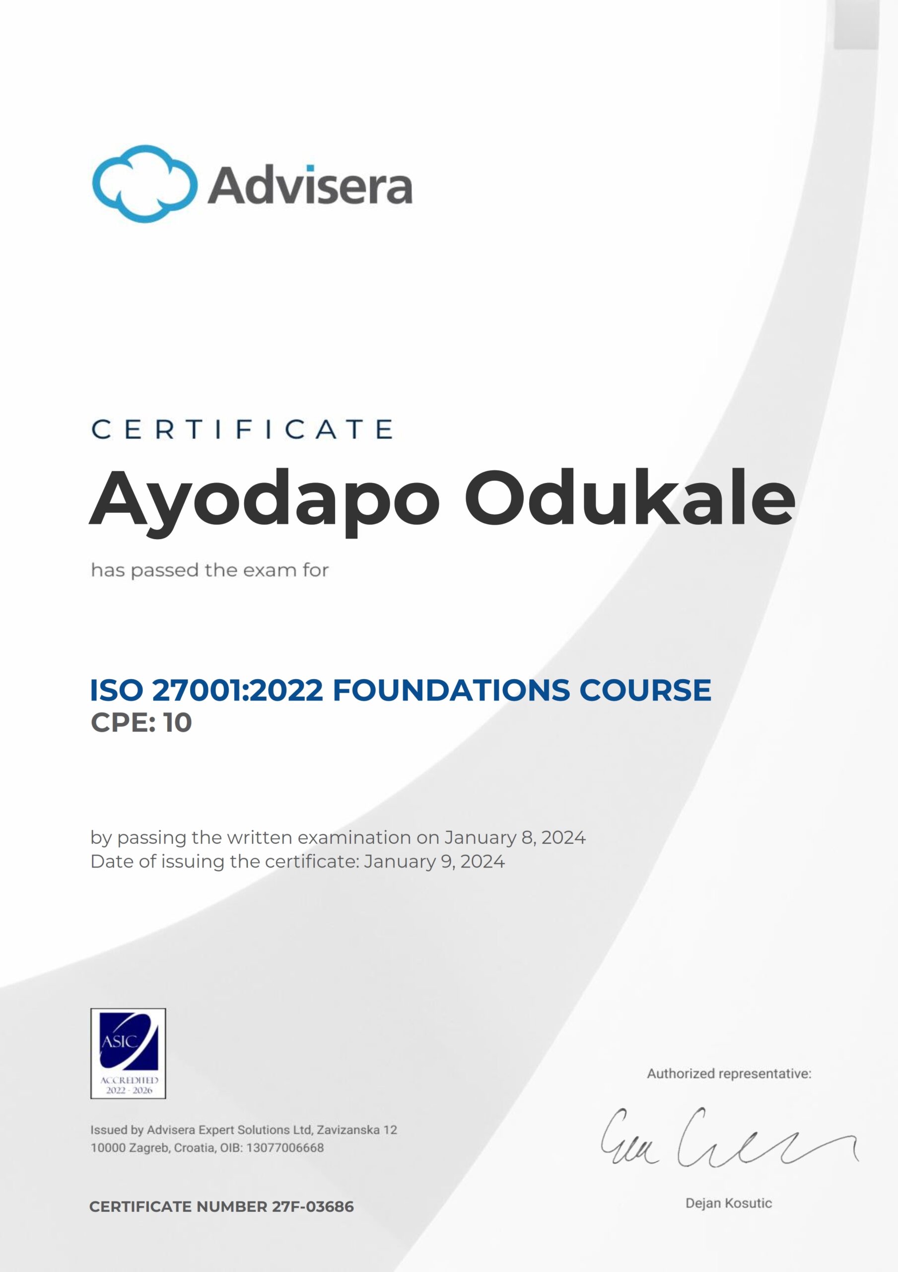 27F-03686 Certificate ISO 27001 Foundations Ayodapo Odukale