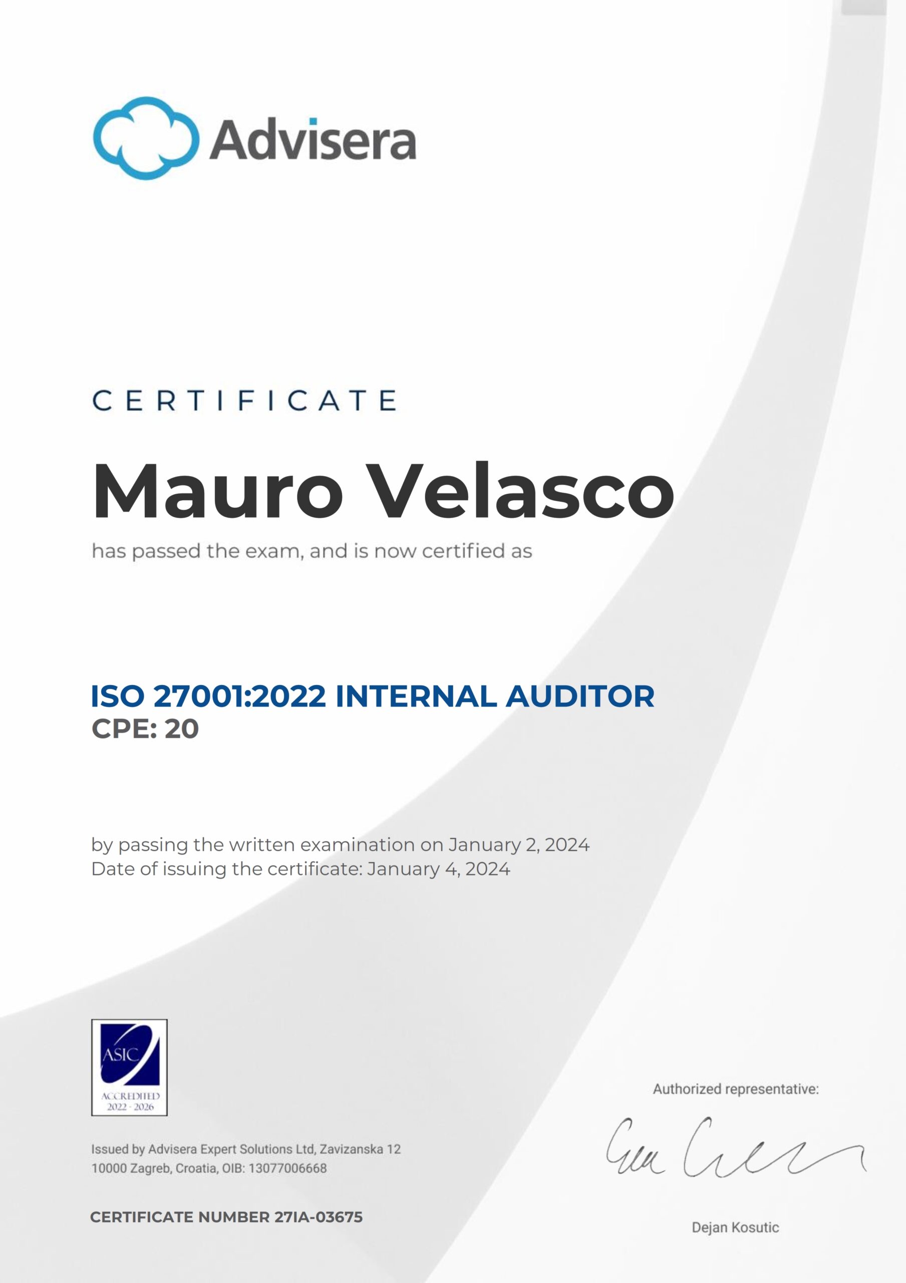 27IA-03675 Certificate ISO 27001 Internal Auditor Mauro Velasco