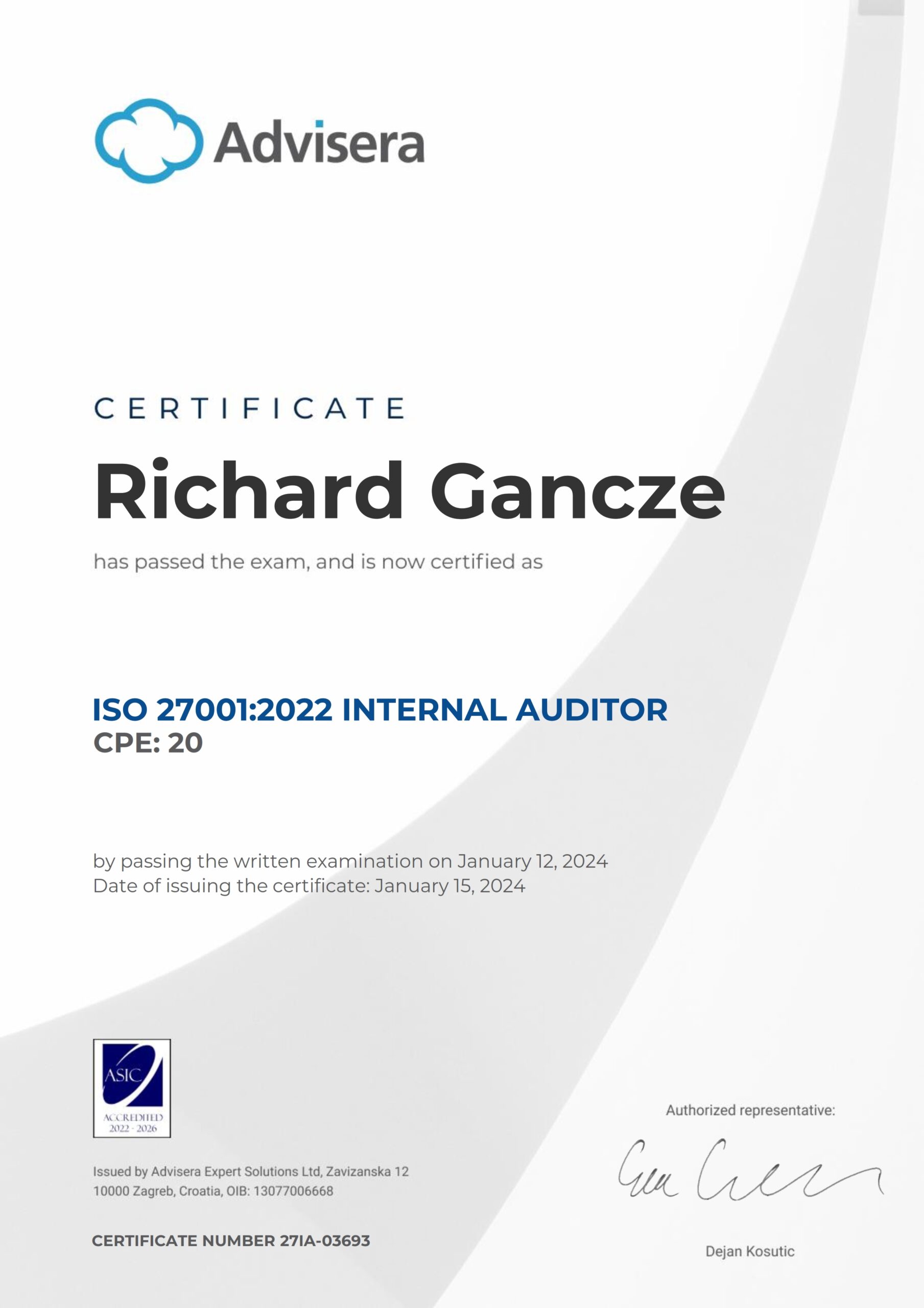27IA-03693 Certificate ISO 27001 Internal Auditor Richard Gancze