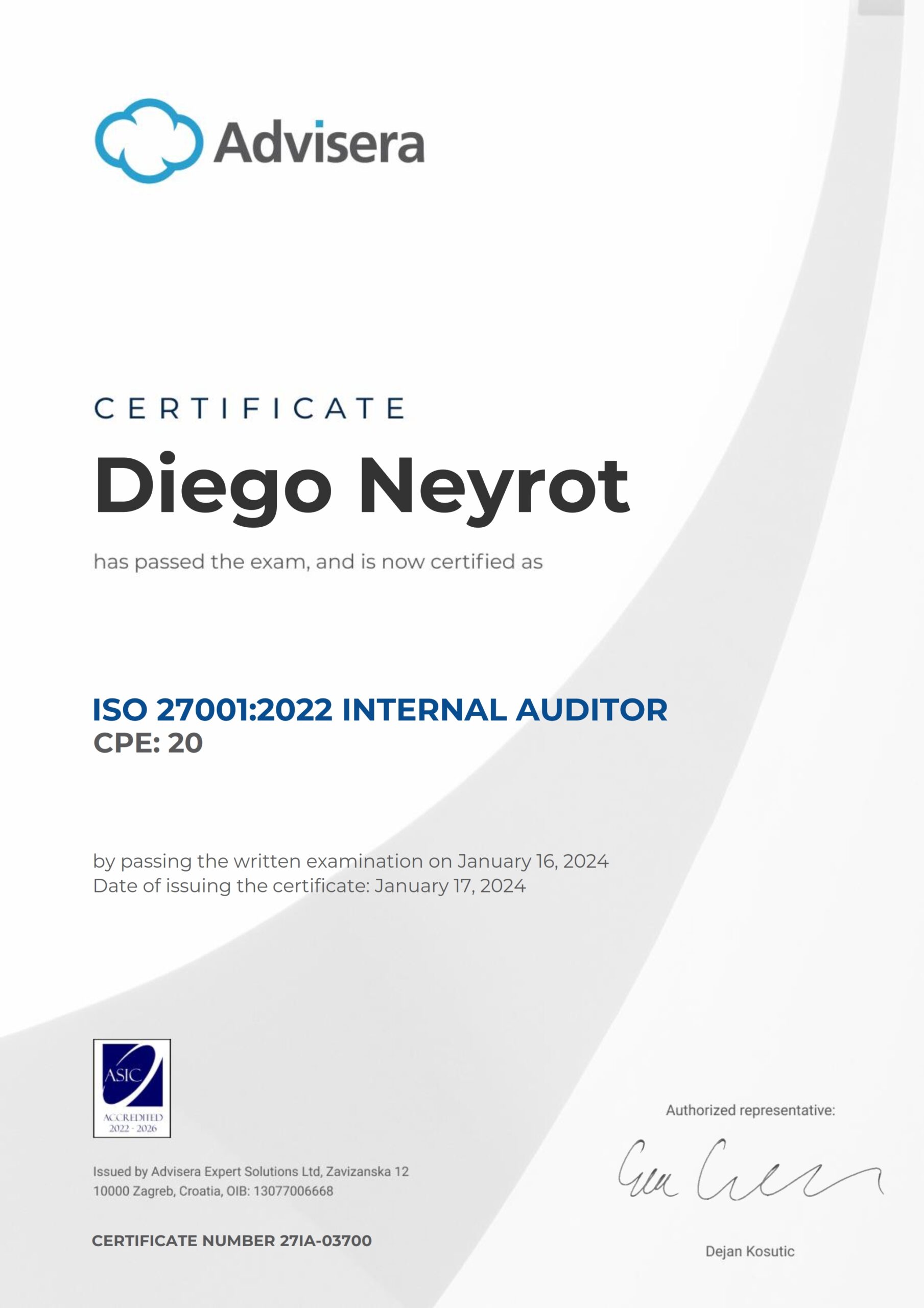 27IA-03700 Certificate ISO 27001 Internal Auditor Diego Neyrot