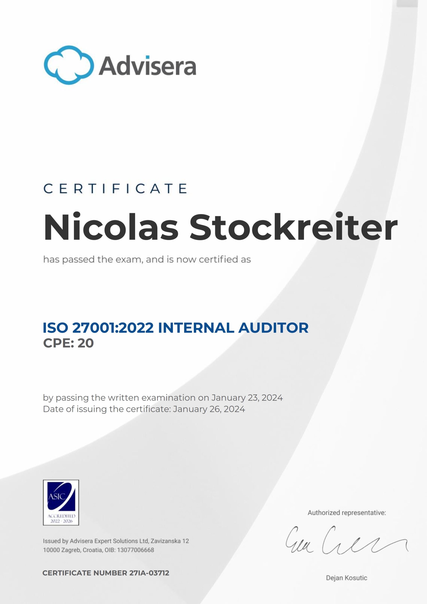 27IA-03712 Certificate ISO 27001 Internal Auditor Nicolas Stockreiter