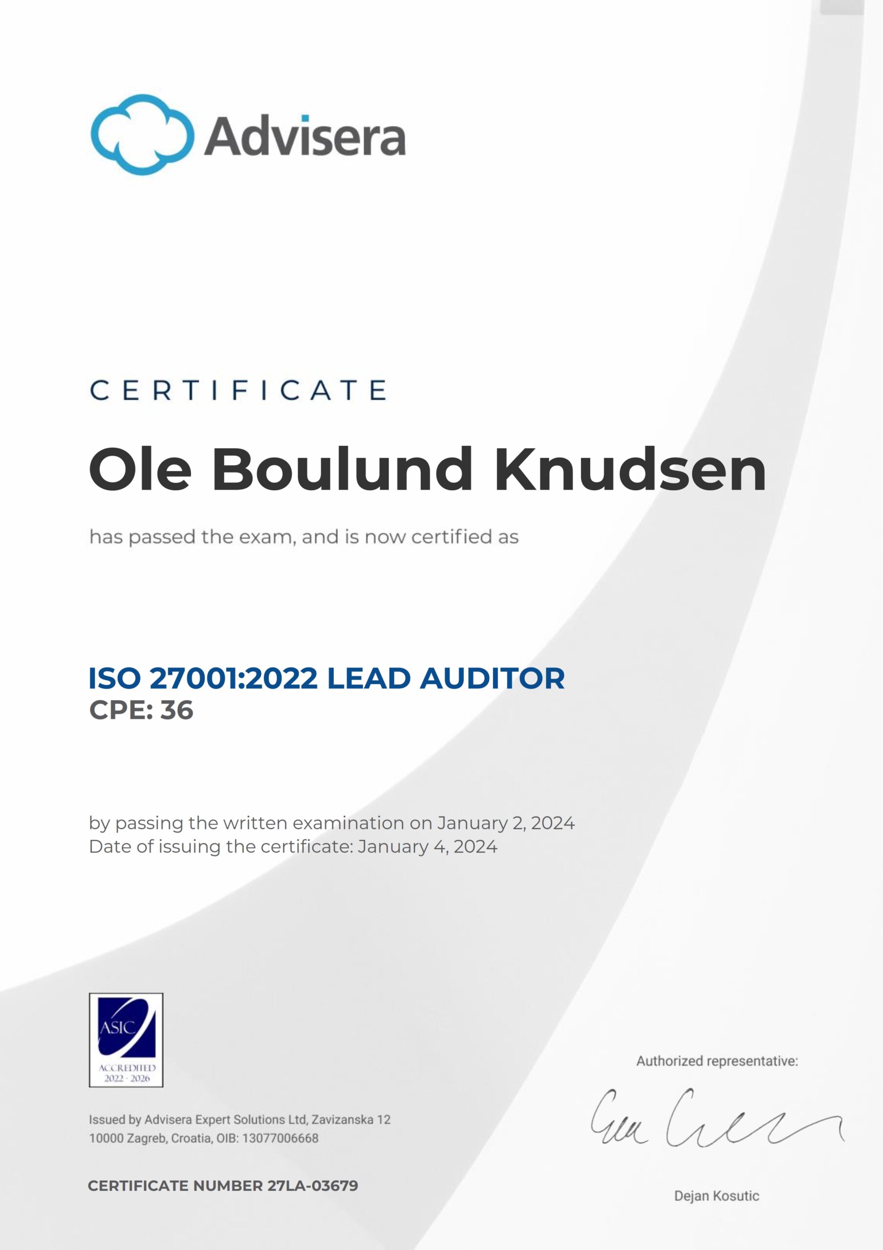 27LA-03679 Certificate ISO 27001 Lead Auditor Ole Boulund Knudsen
