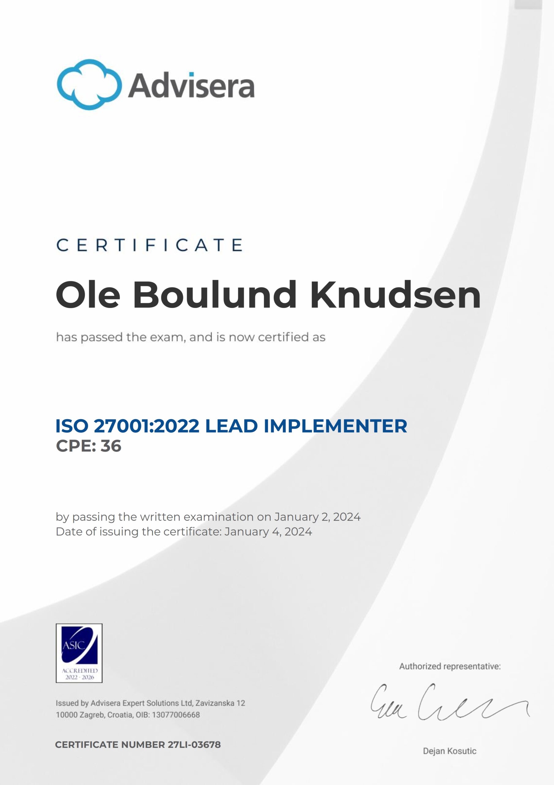 27LI-03678 Certificate ISO 27001 Lead implementer Ole Boulund Knudsen