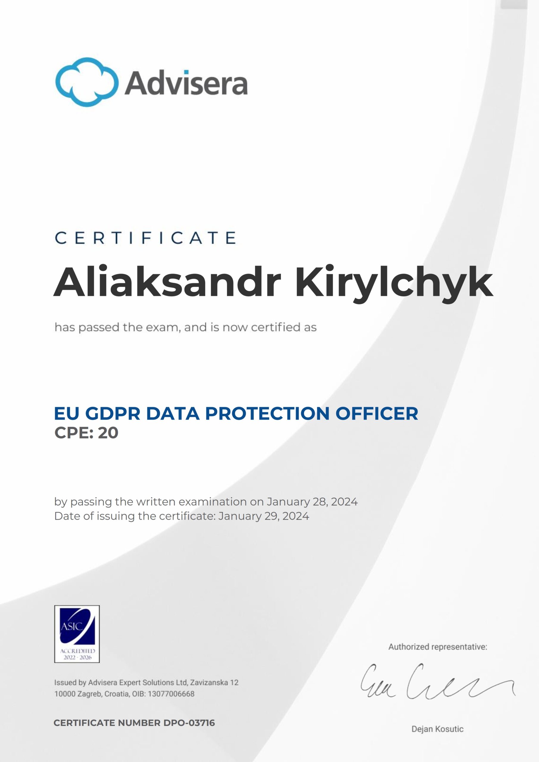 DPO-03716 Certificate EU GDPR DPO Course Aliaksandr Kirylchyk