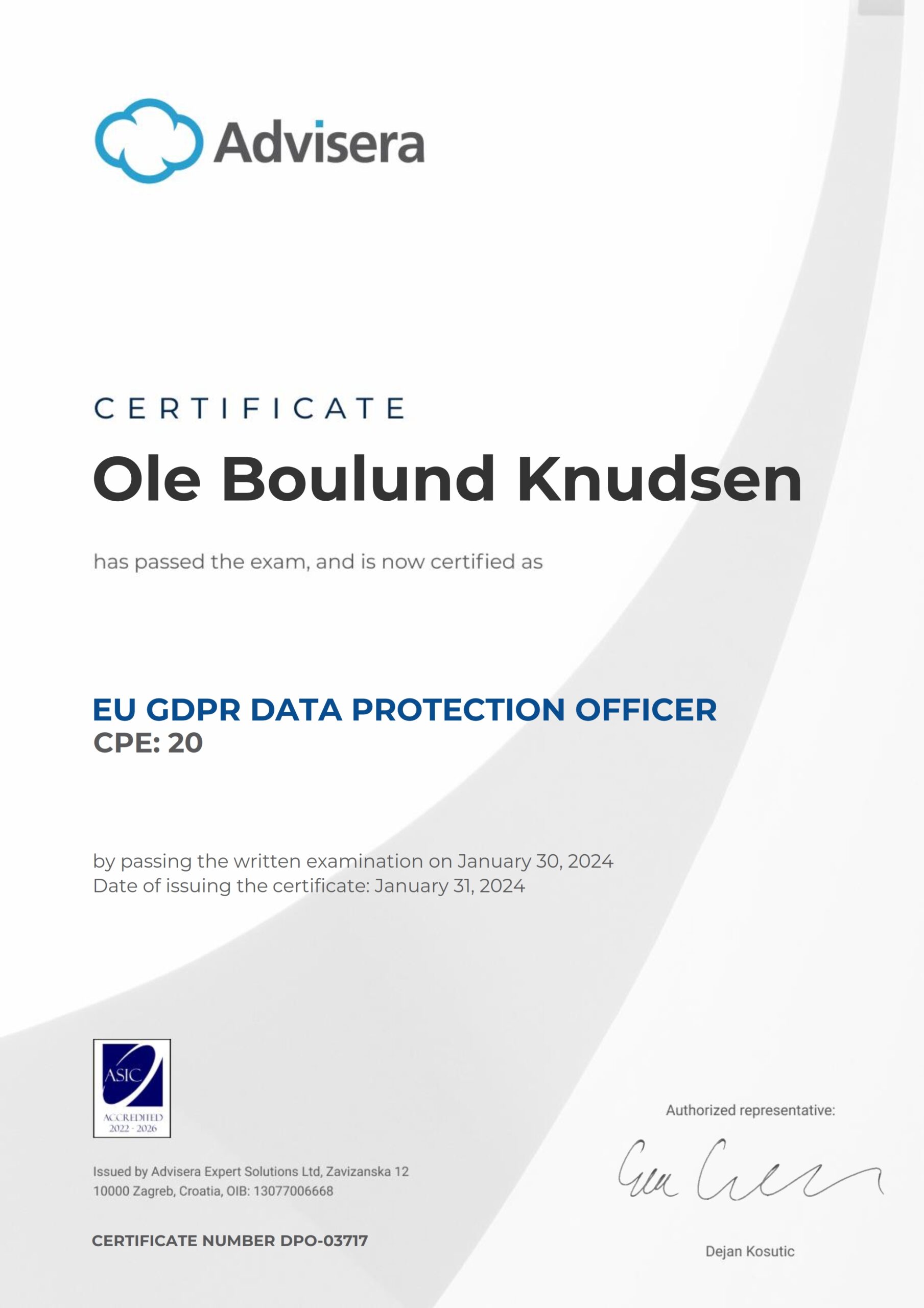 DPO-03717 Certificate EU GDPR DPO Course Ole Boulund Knudsen