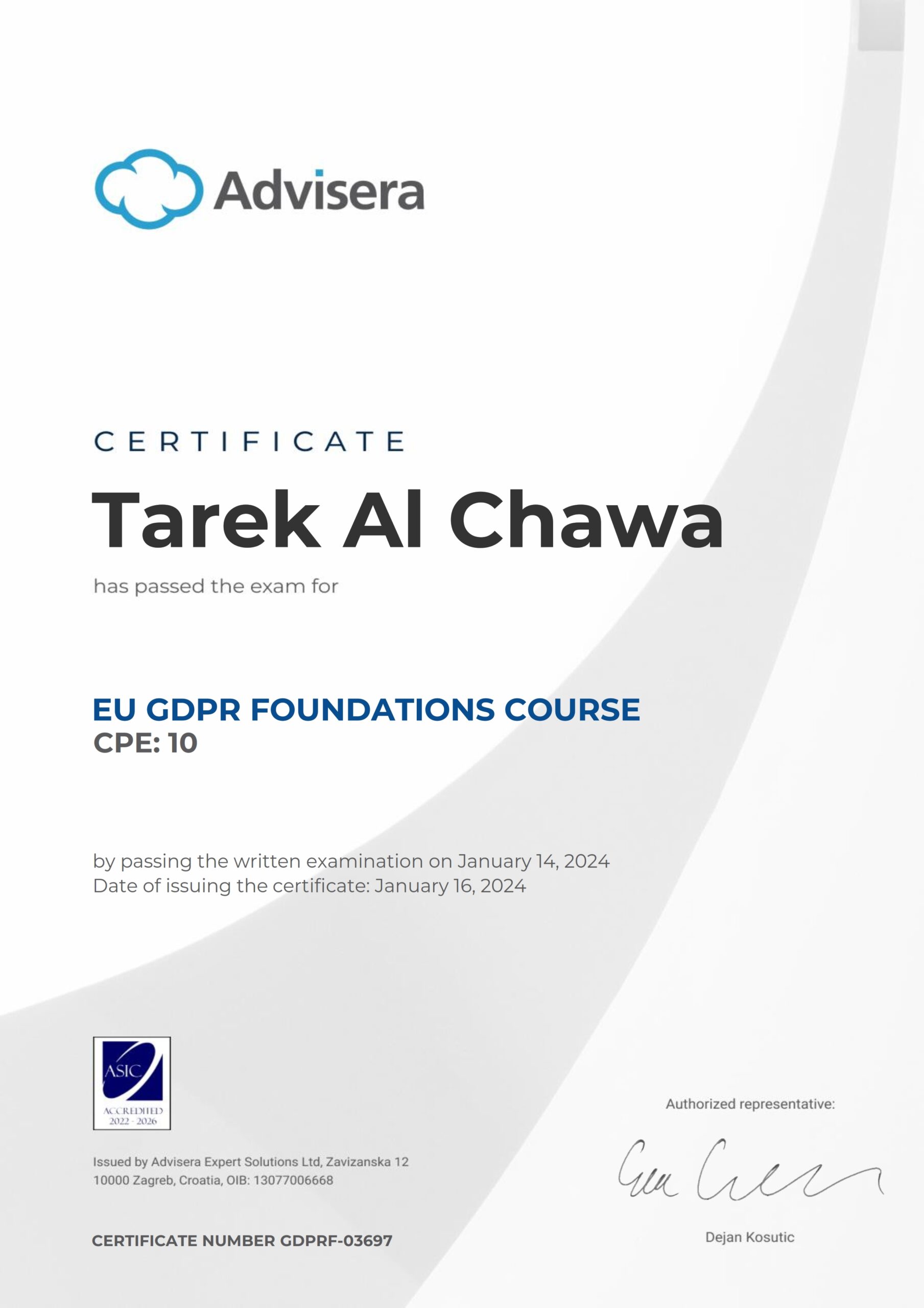 GDPRF-03697 Certificate EU GDPR Foundations course Tarek Al Chawa