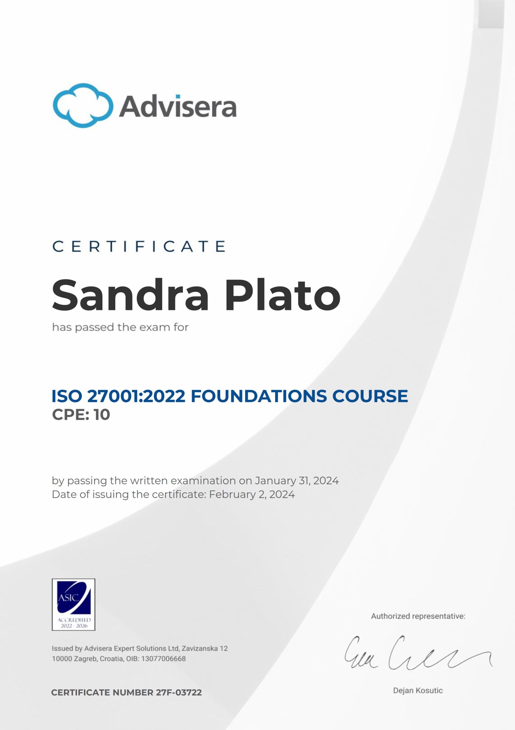 27F-03722 Certificate ISO 27001 Foundations Sandra Plato