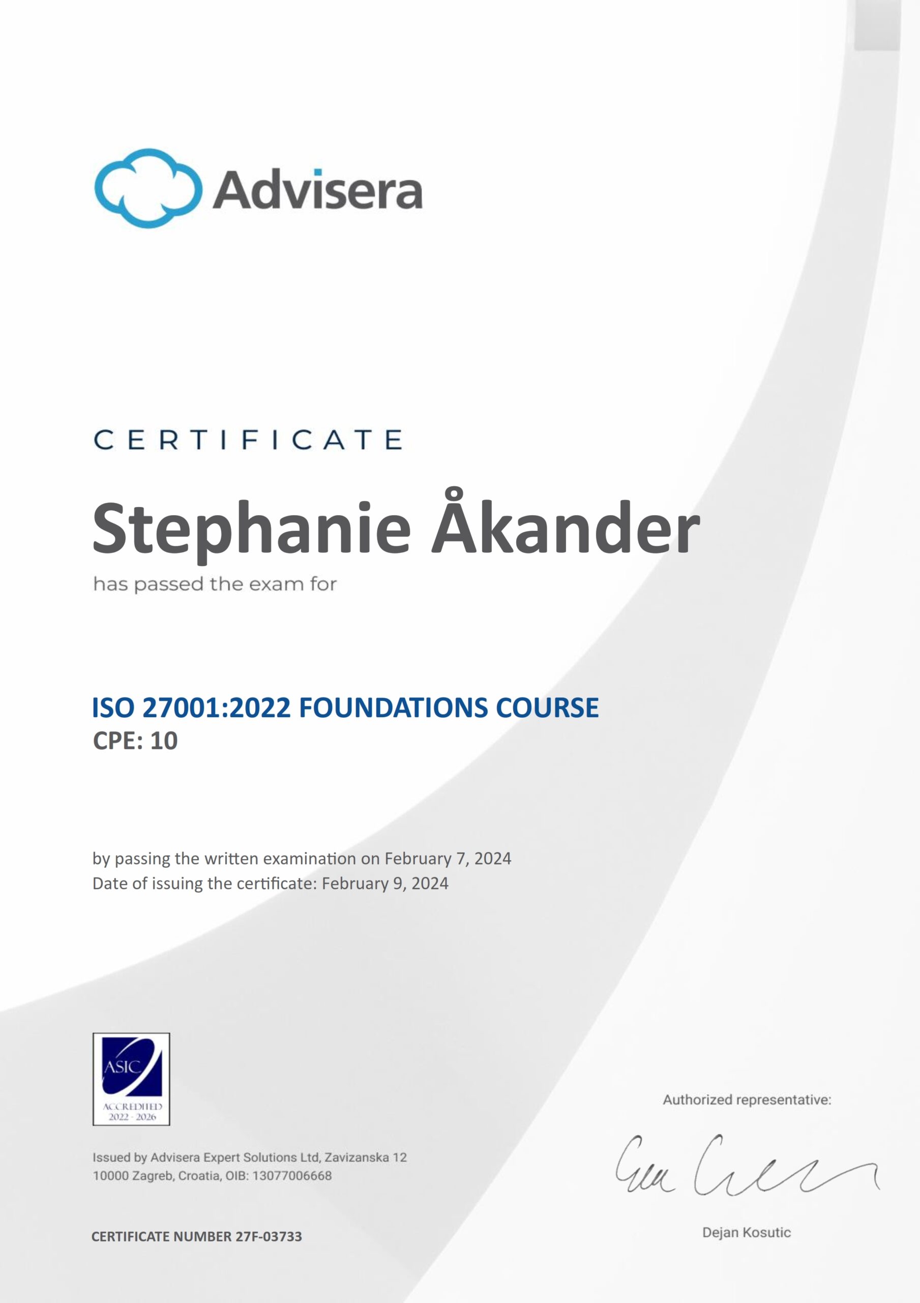 27F-03733 Certificate ISO 27001 Foundations Stephanie Akander