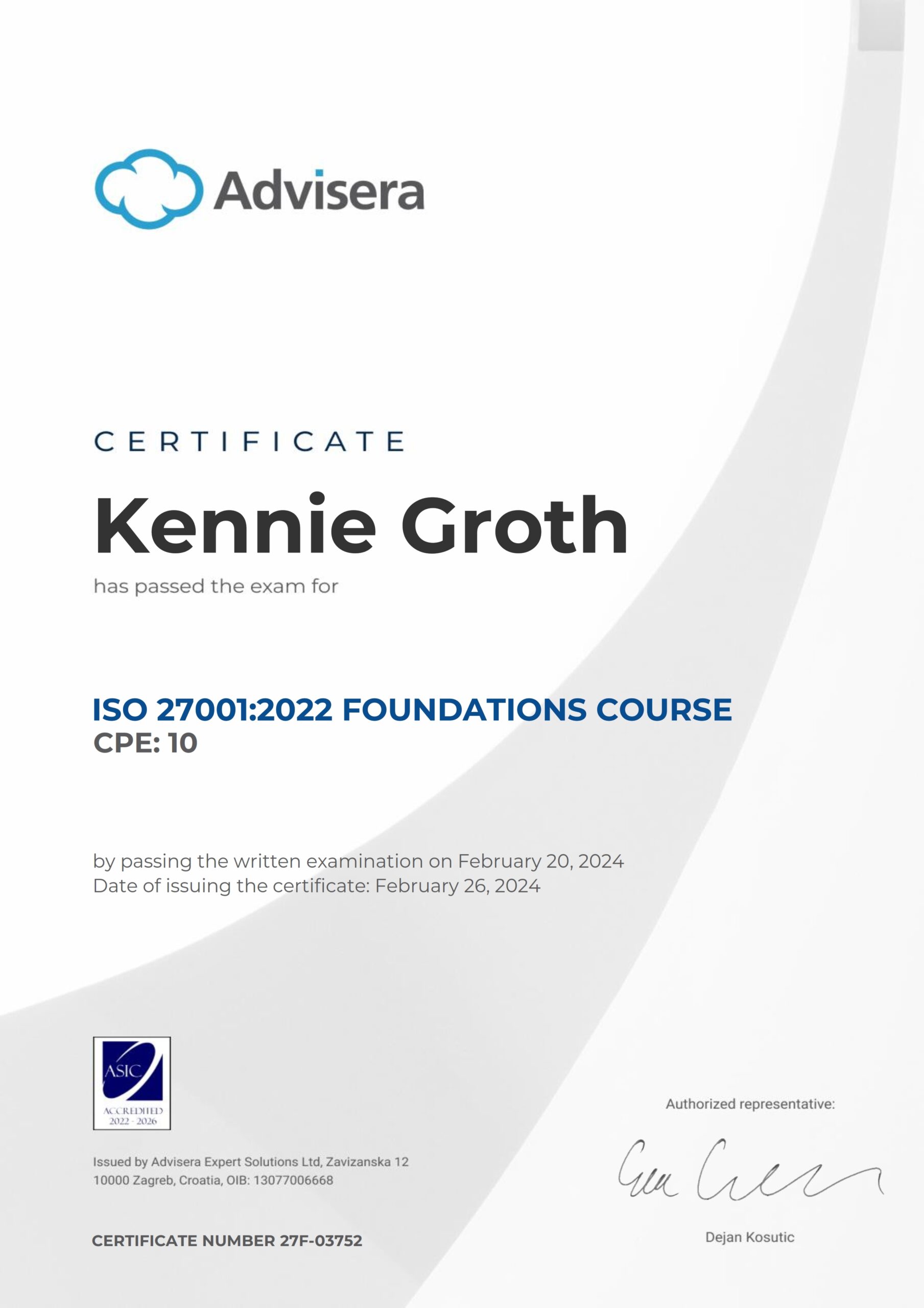 27F-03752 Certificate ISO 27001 Foundations Kennie Groth
