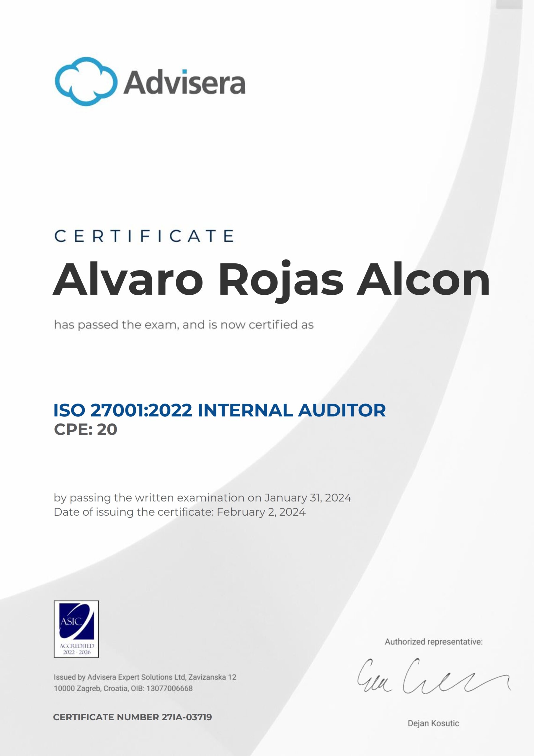 27IA-03719 Certificate ISO 27001 Internal Auditor Alvaro Rojas Alcon