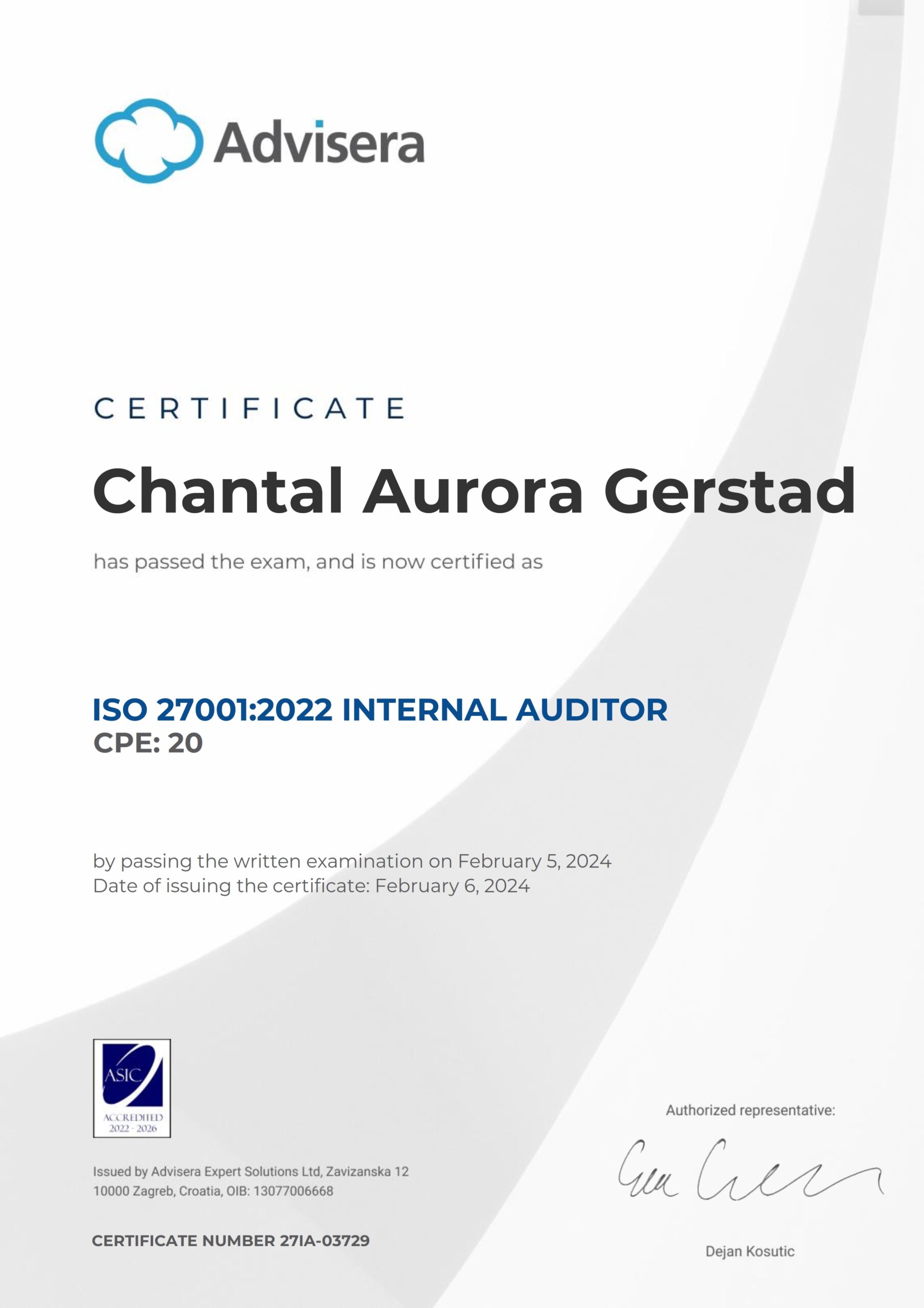 27IA-03729 Certificate ISO 27001 Internal Auditor Chantal Aurora Gerstad