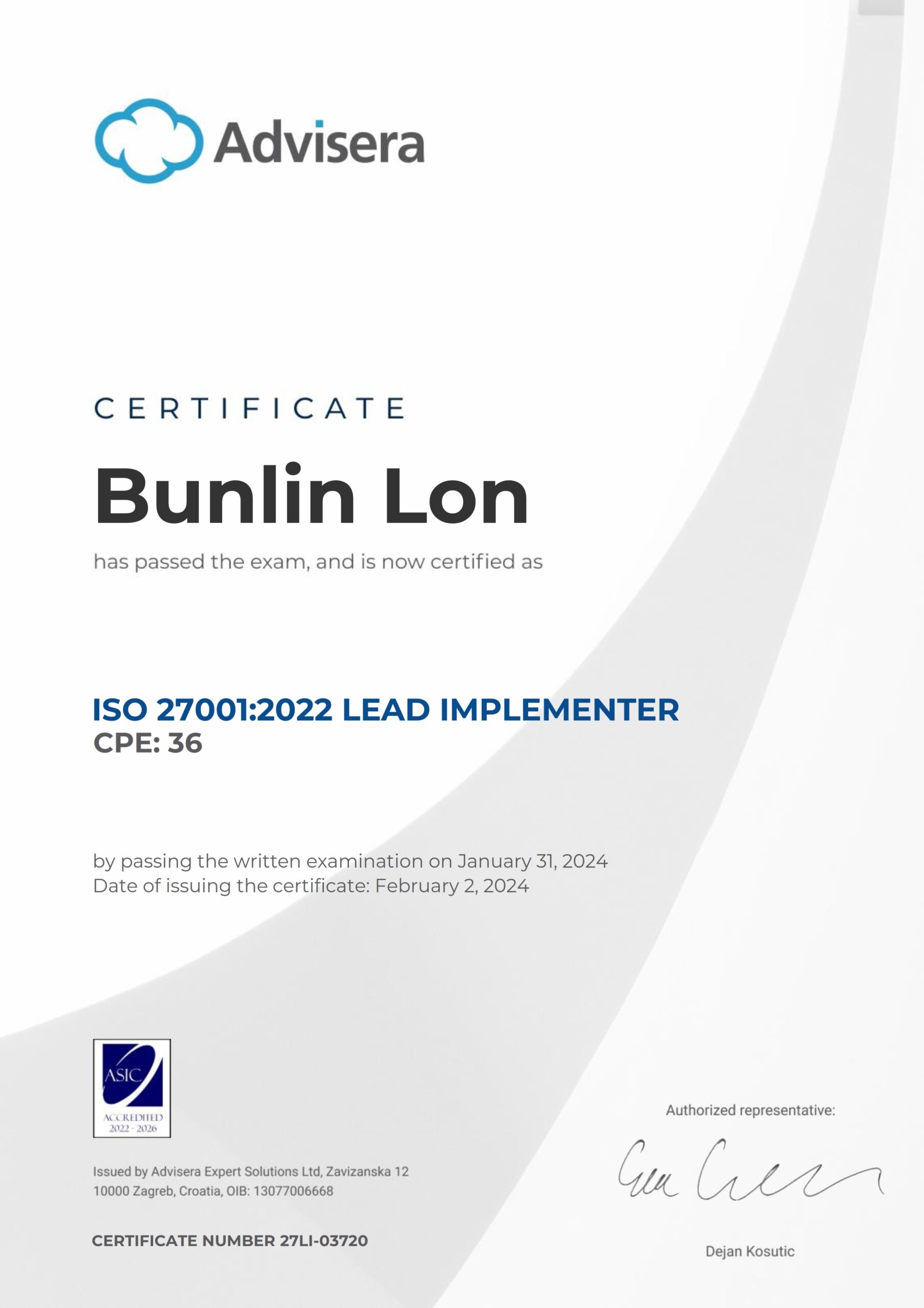27LI-03720 Certificate ISO 27001 Lead implementer Bunlin Lon