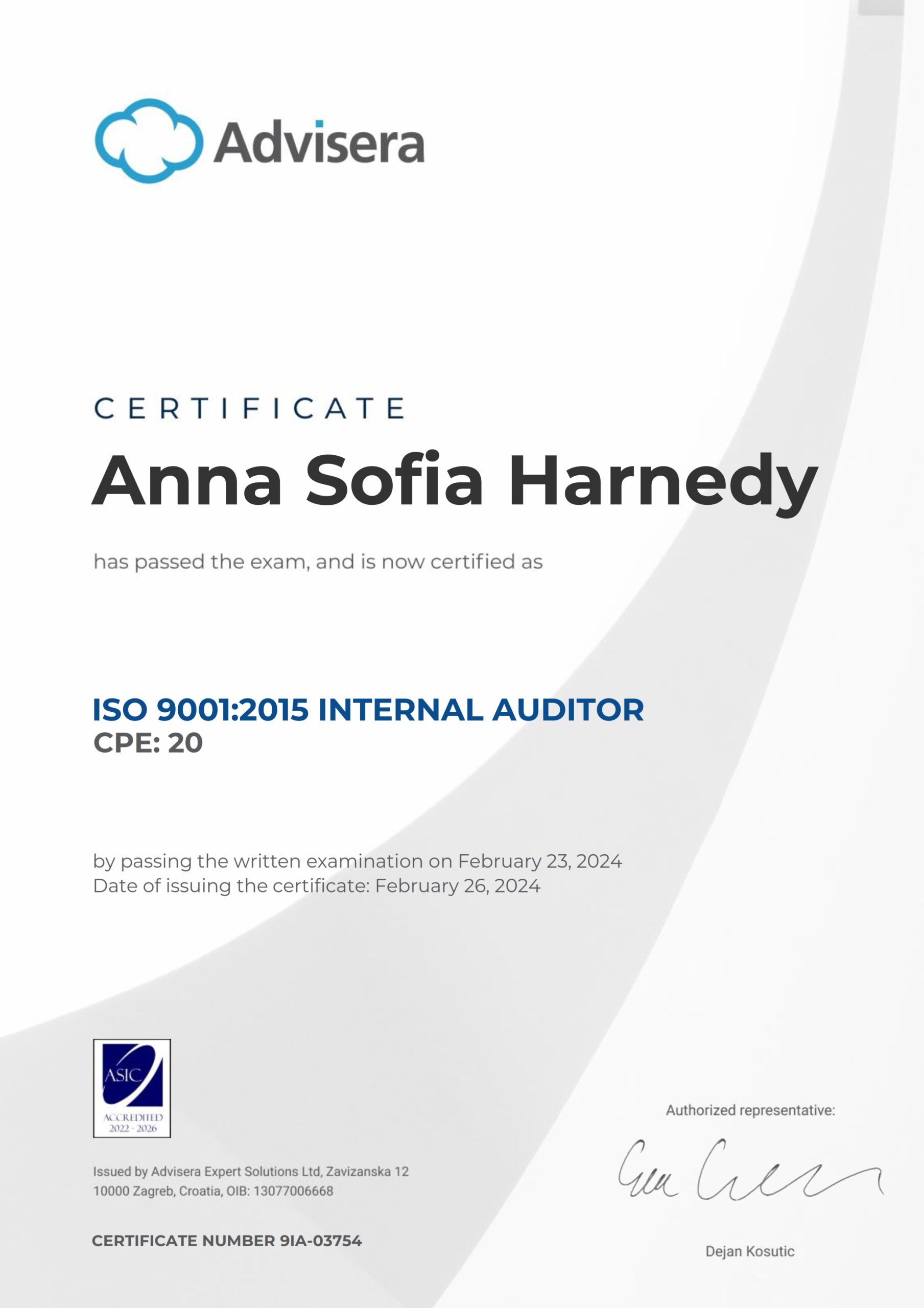 9IA-03754 Certificate ISO 9001 Internal Auditor Anna Sofia Harnedy