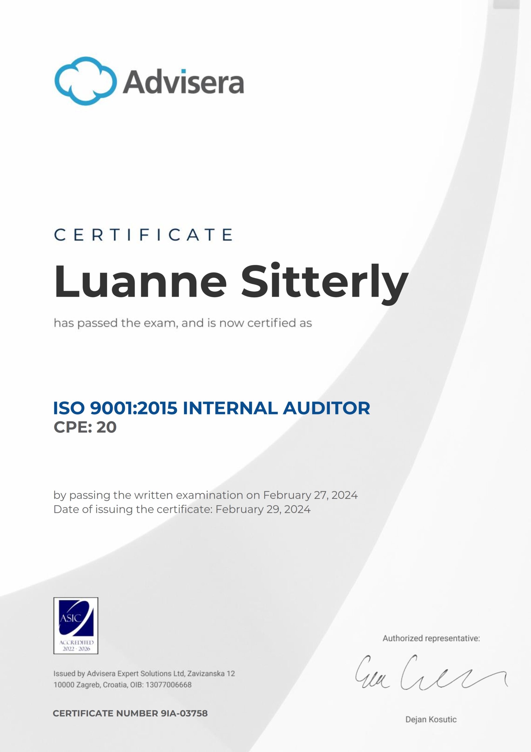 9IA-03758 Certificate ISO 9001 Internal Auditor Luanne Sitterly