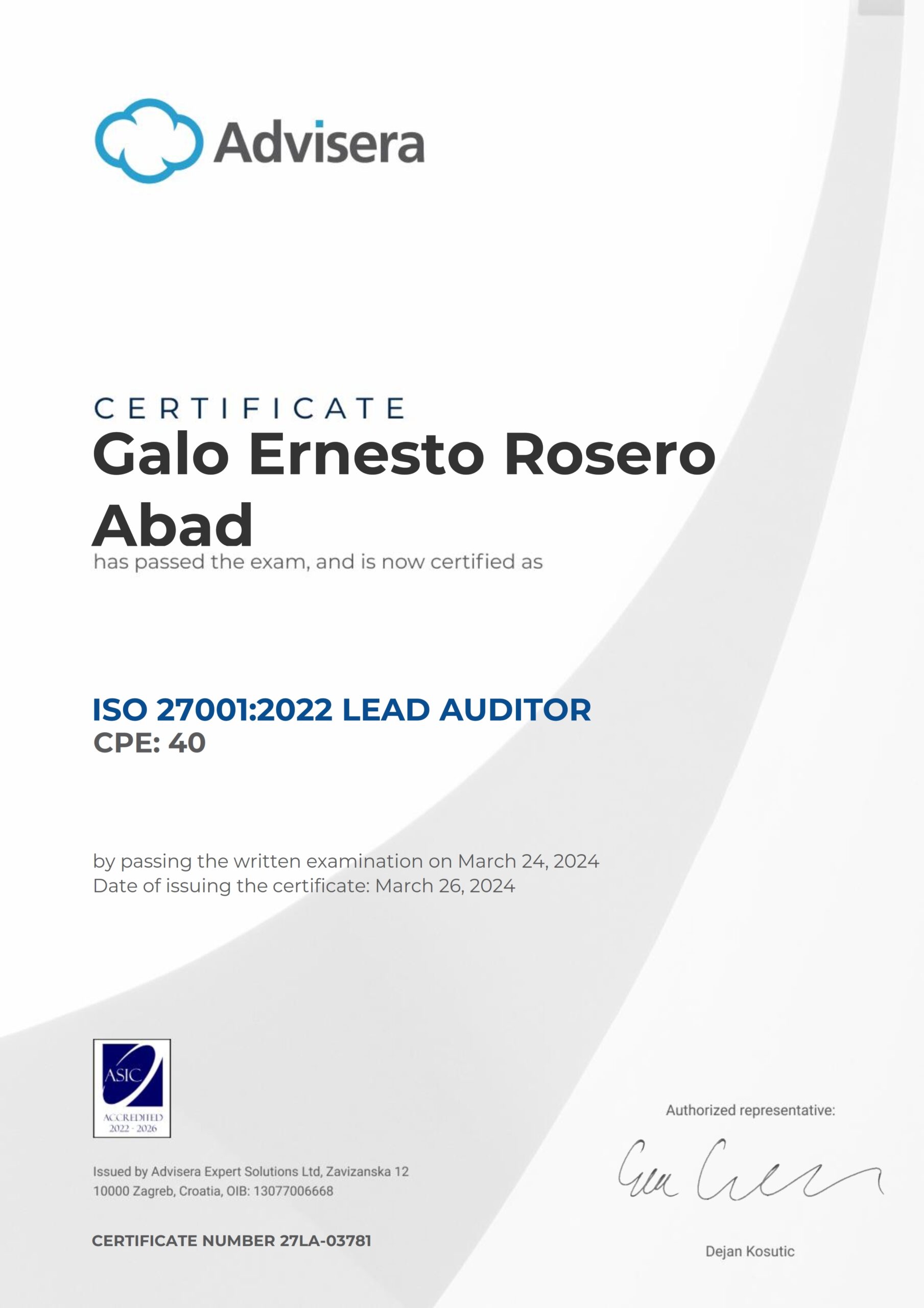 27LA-03781 Certificate ISO 27001 Lead Auditor Galo Ernesto Rosero Abad