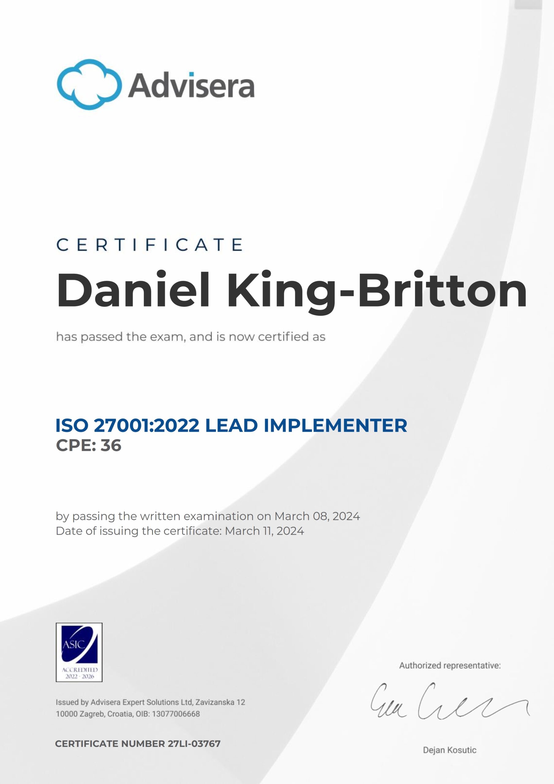 27LI-03767 Certificate ISO 27001 Lead implementer Daniel King-Britton