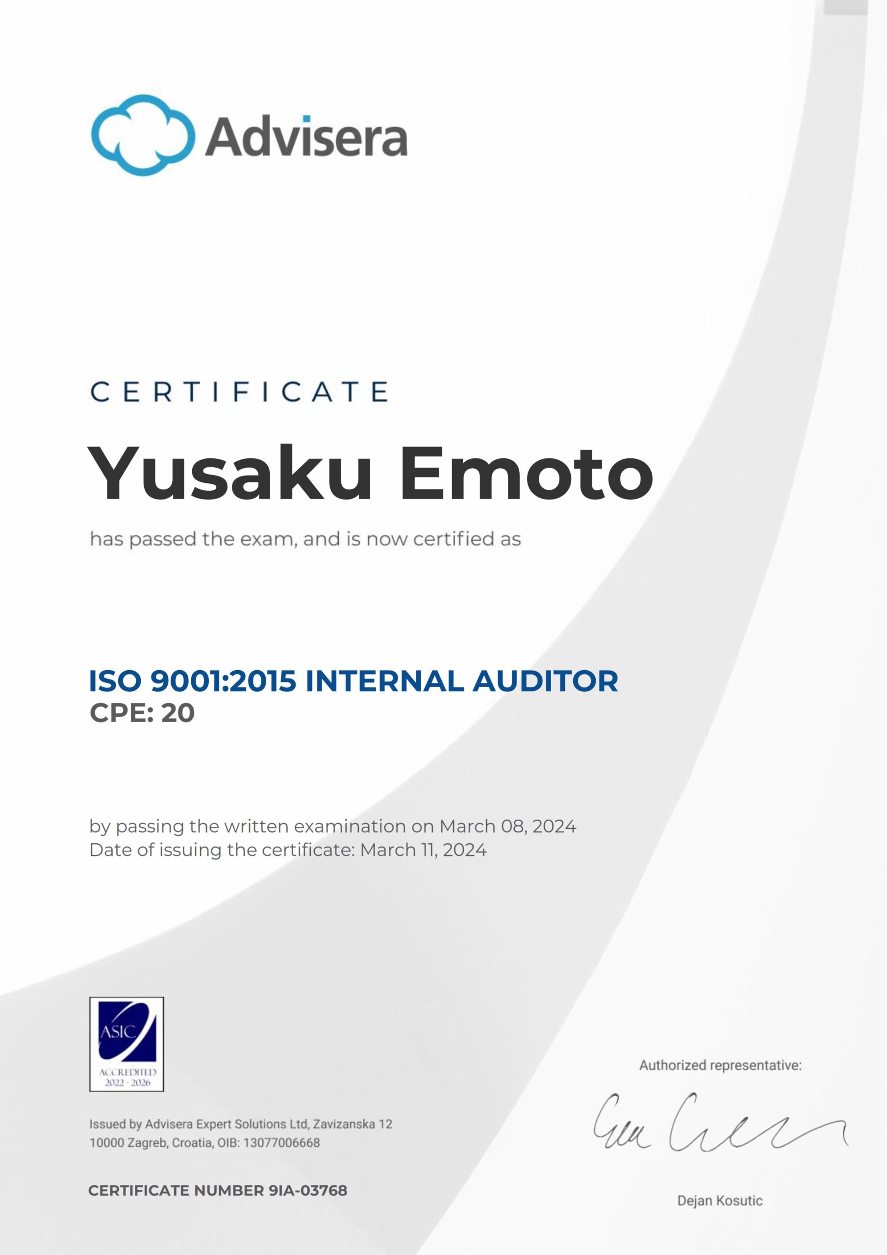 9IA-03768 Certificate ISO 9001 Internal Auditor Yusaku Emoto