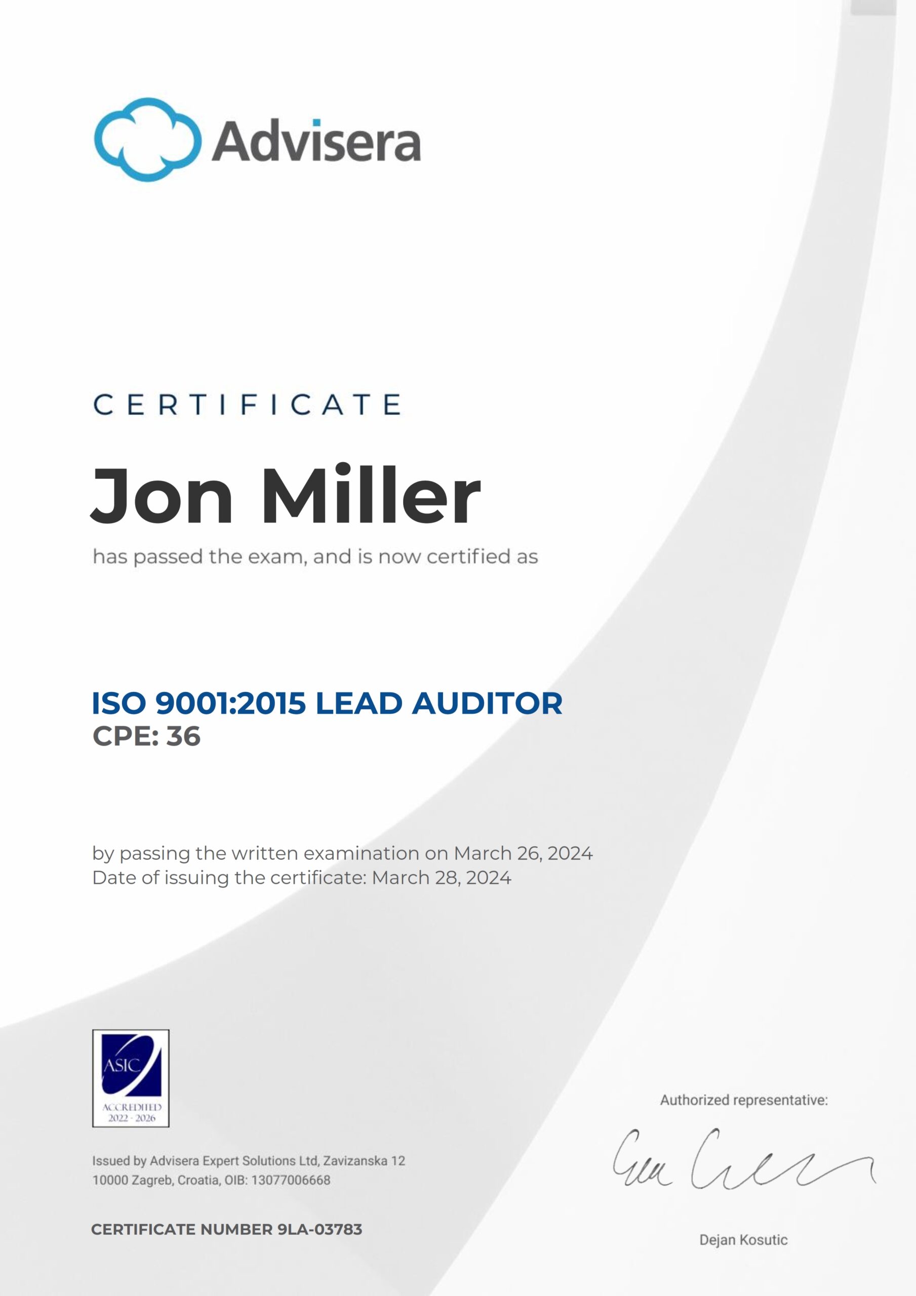 9LA-03783 Certificate ISO 9001 Lead Auditor Jon Miller