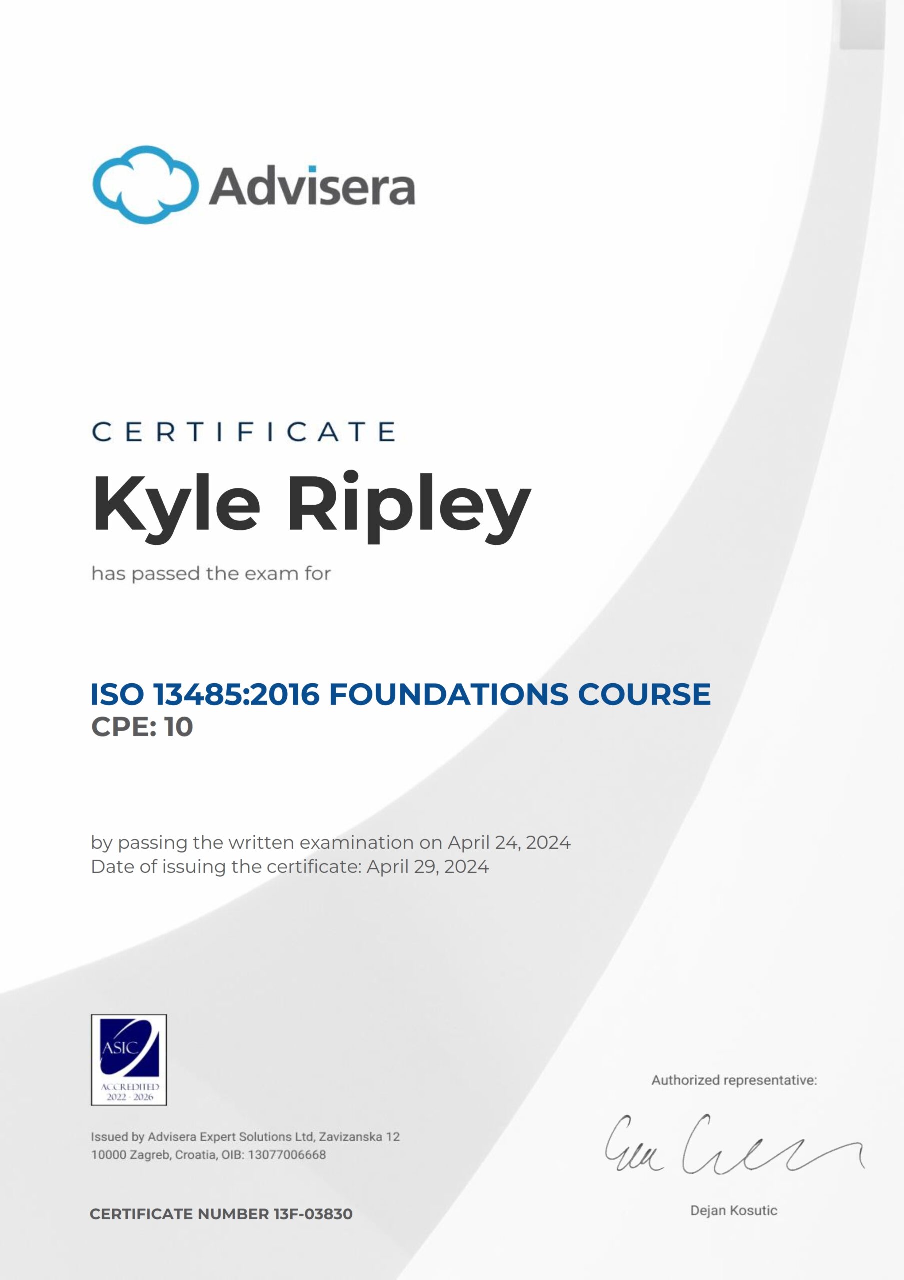 13F-03830 Certificate ISO 13485 Foundations Kyle Ripley