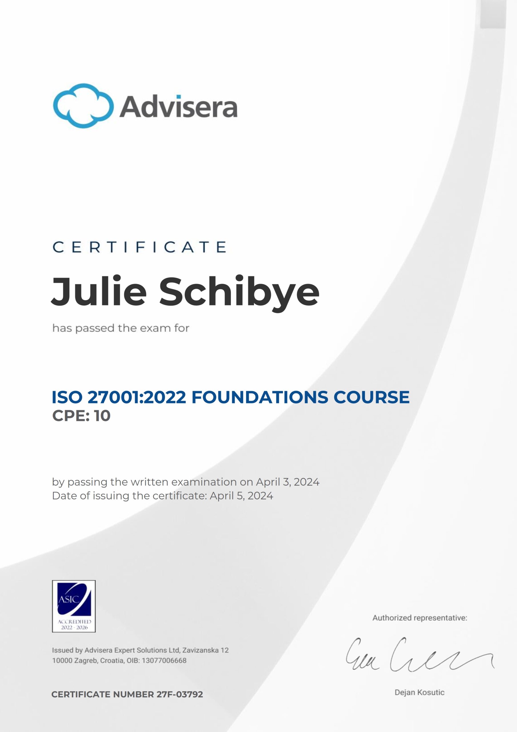 27F-03792 Certificate ISO 27001 Foundations Julie Schibye
