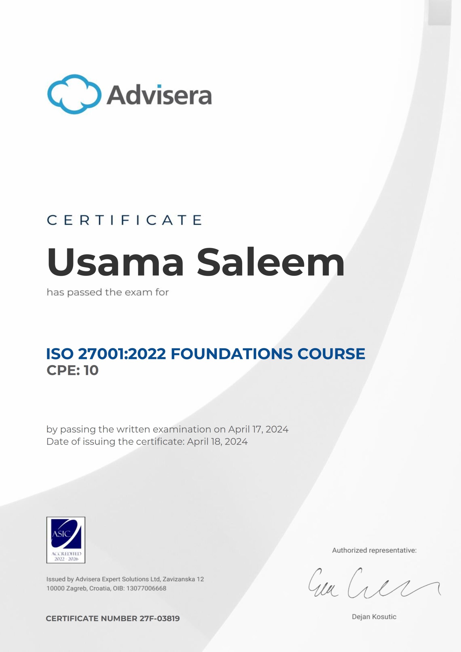 27F-03819 Certificate ISO 27001 Foundations Usama Saleem
