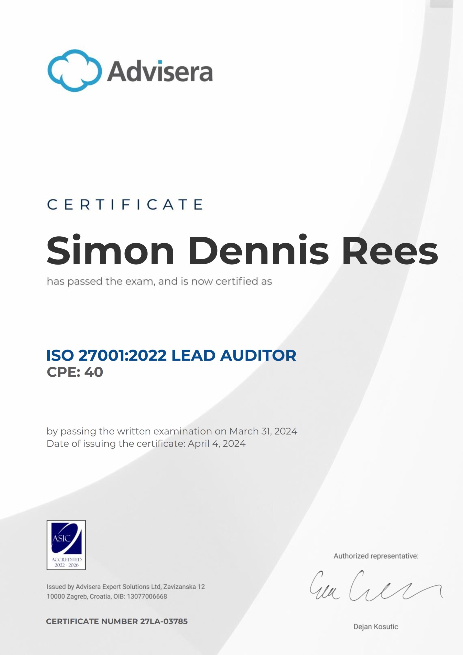 27LA-03785 Certificate ISO 27001 Lead Auditor Simon Dennis Rees