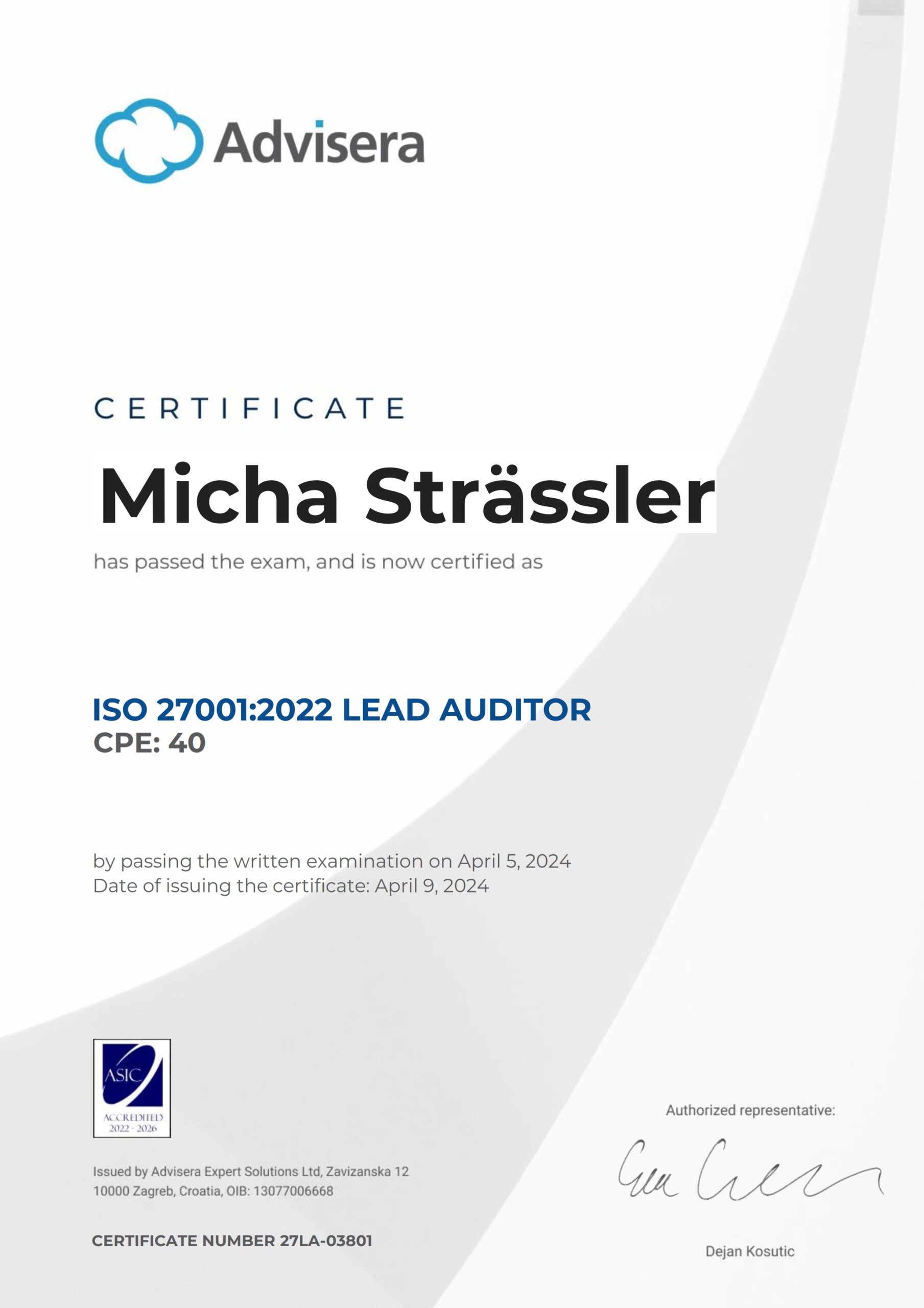 27LA-03801 Certificate ISO 27001 Lead Auditor Micha Strässler