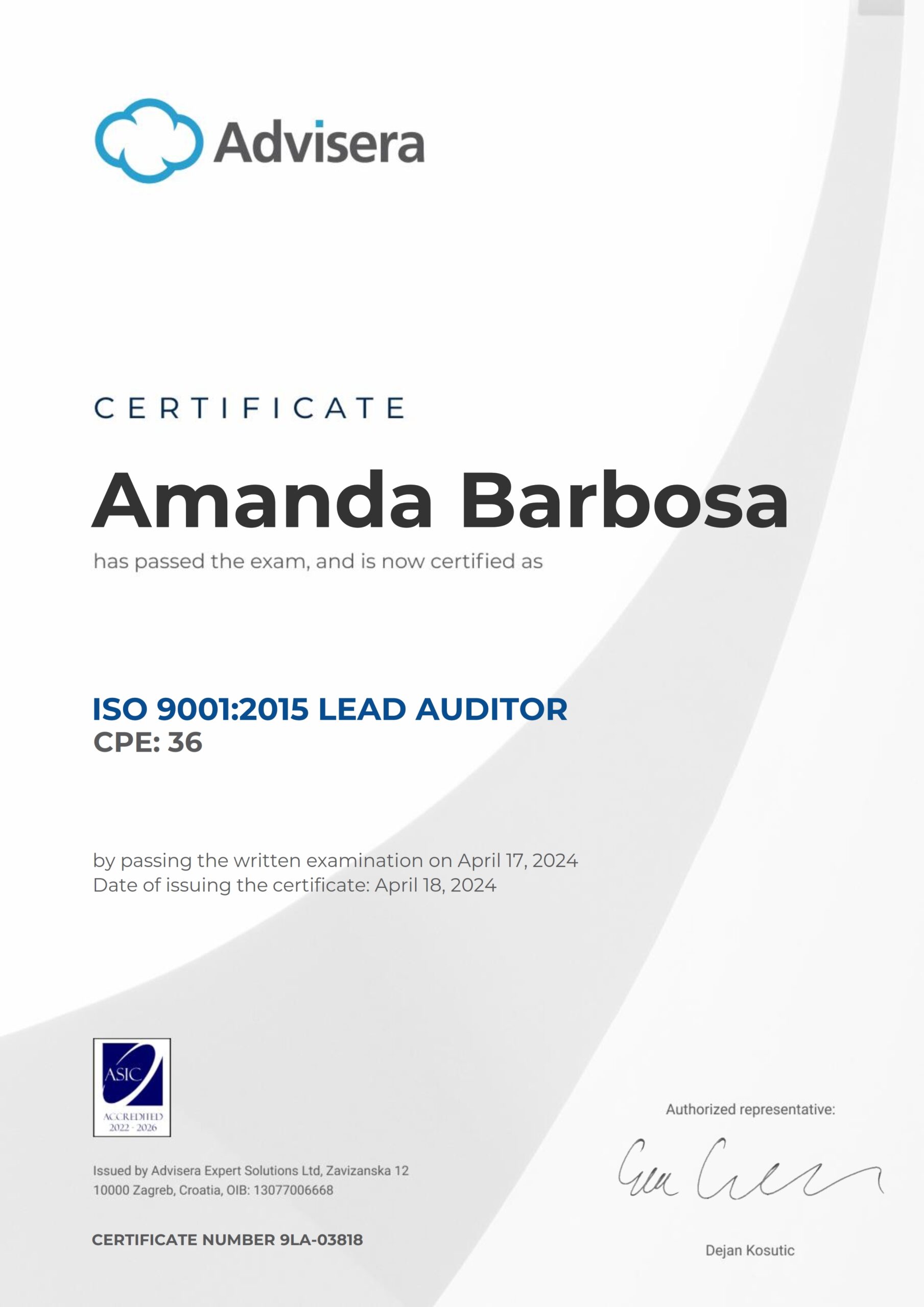9LA-03818 Certificate ISO 9001 Lead Auditor Amanda Barbosa