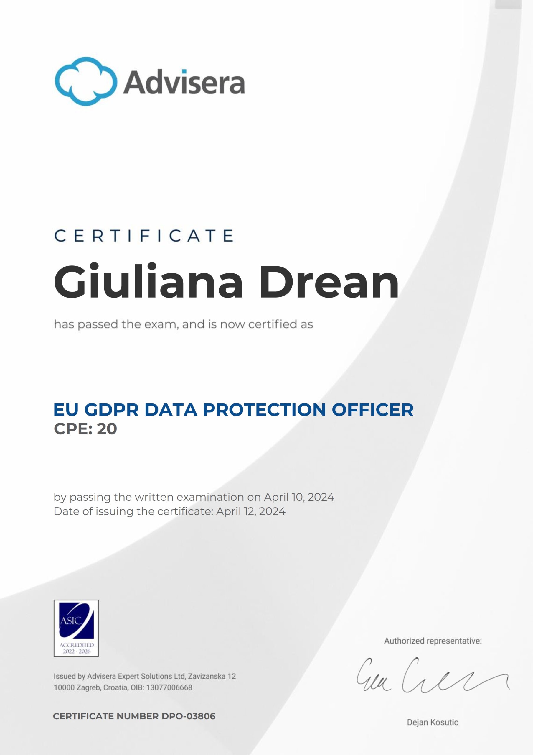 DPO-03806 Certificate EU GDPR DPO Course Giuliana Drean